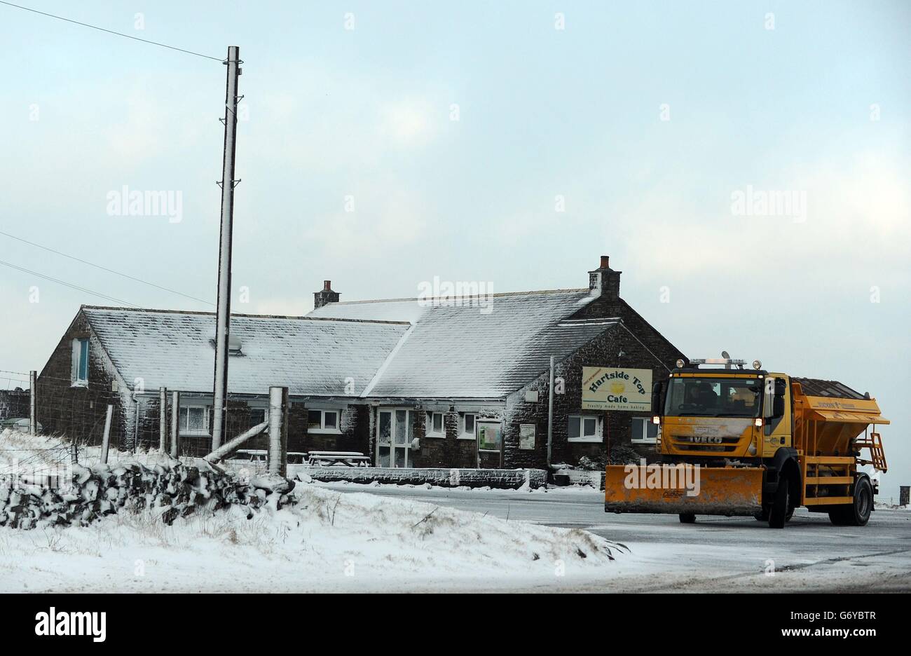 Frühlingswetter 27. März. Schnee heute bei Hartside an der Cumbrian Boarder. Stockfoto