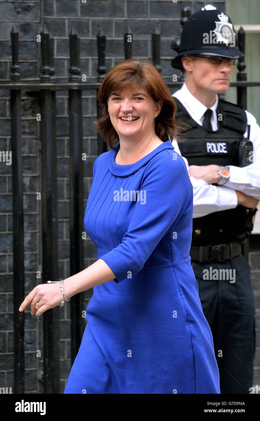 Nicky Morgan kommt in der Downing Street im Zentrum von London an, wo sie als installierte Frauenministerin nach dem Rücktritt von Maria Miller über ihre Ausgaben war. Stockfoto