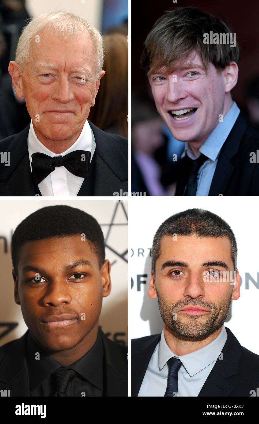 Undatierte Dateifotos von (obere Reihe links nach rechts) Schauspieler Max von Sydow, Domhnall Gleeson, (untere Reihe links nach rechts) John Boyega und Oscar Isaac, die im neuen Star Wars-Film sind. Stockfoto