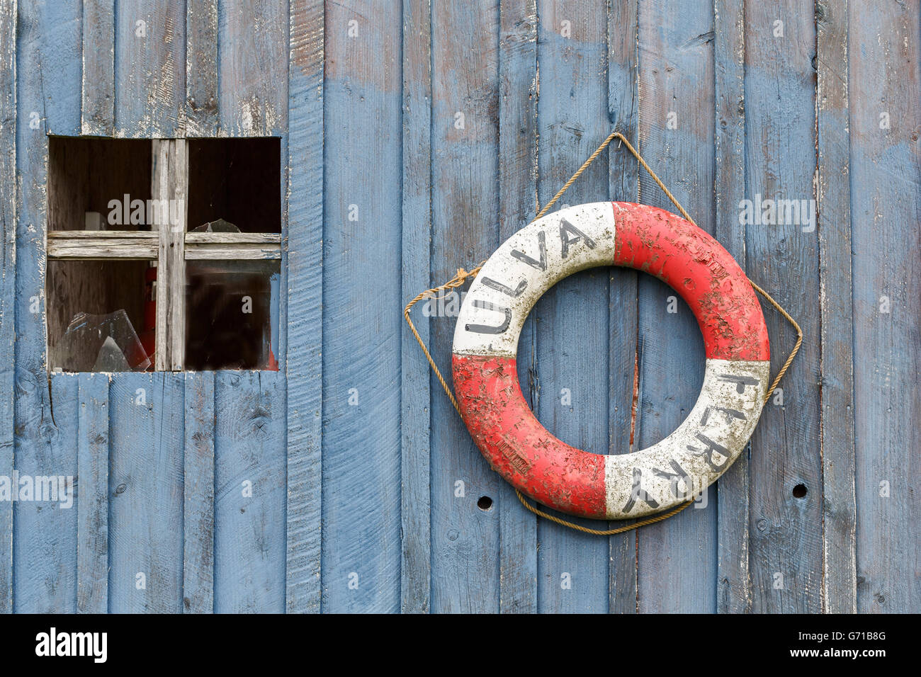 Rettungsring "Ulva Ferry" Sign. Ulva, Mull, Schottland Stockfoto