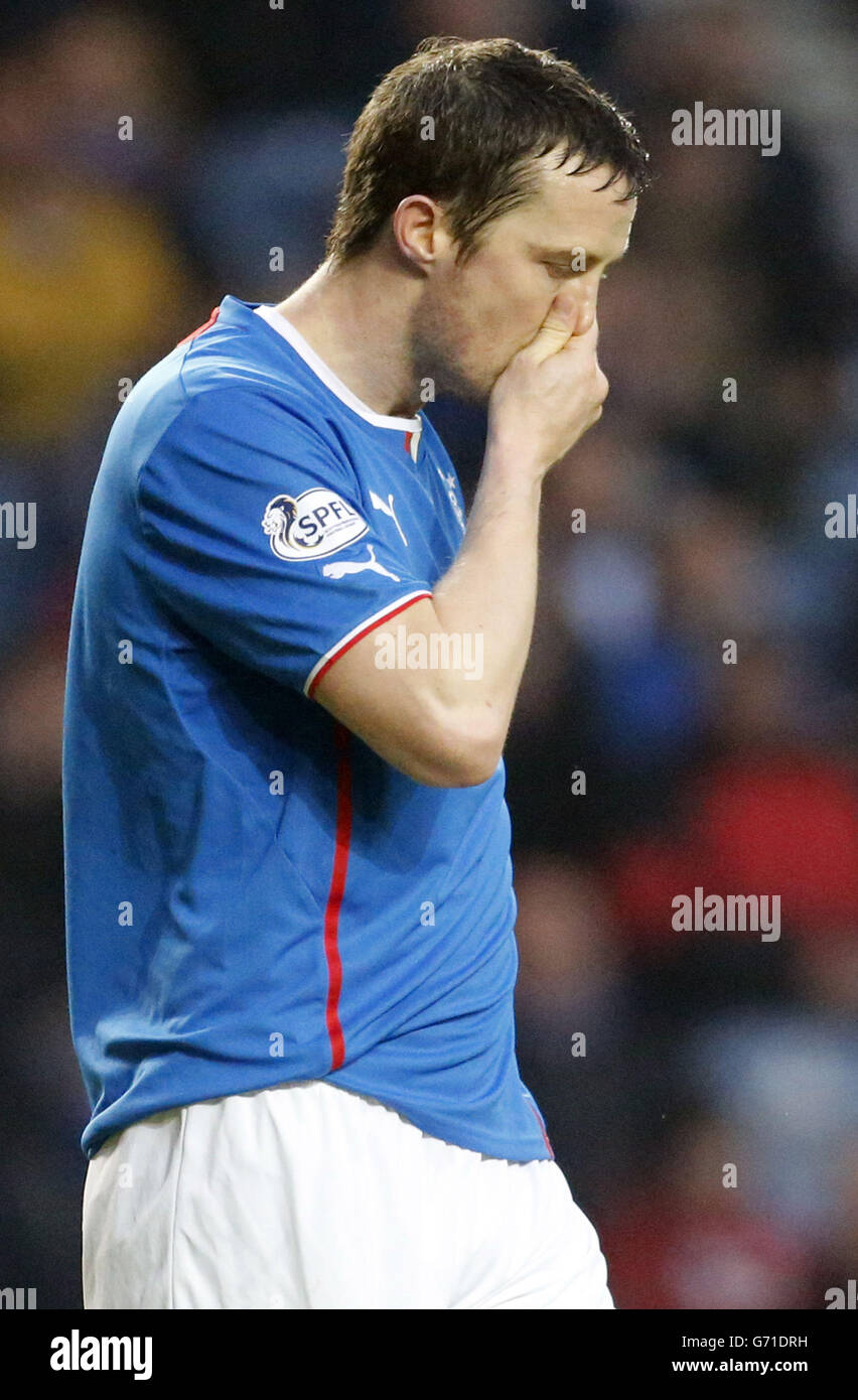 Jon Daly von den Rangers reagiert, nachdem er während des Spiels der Scottish League One in Ibrox, Glasgow, einen Schuss verpasst hatte. Stockfoto