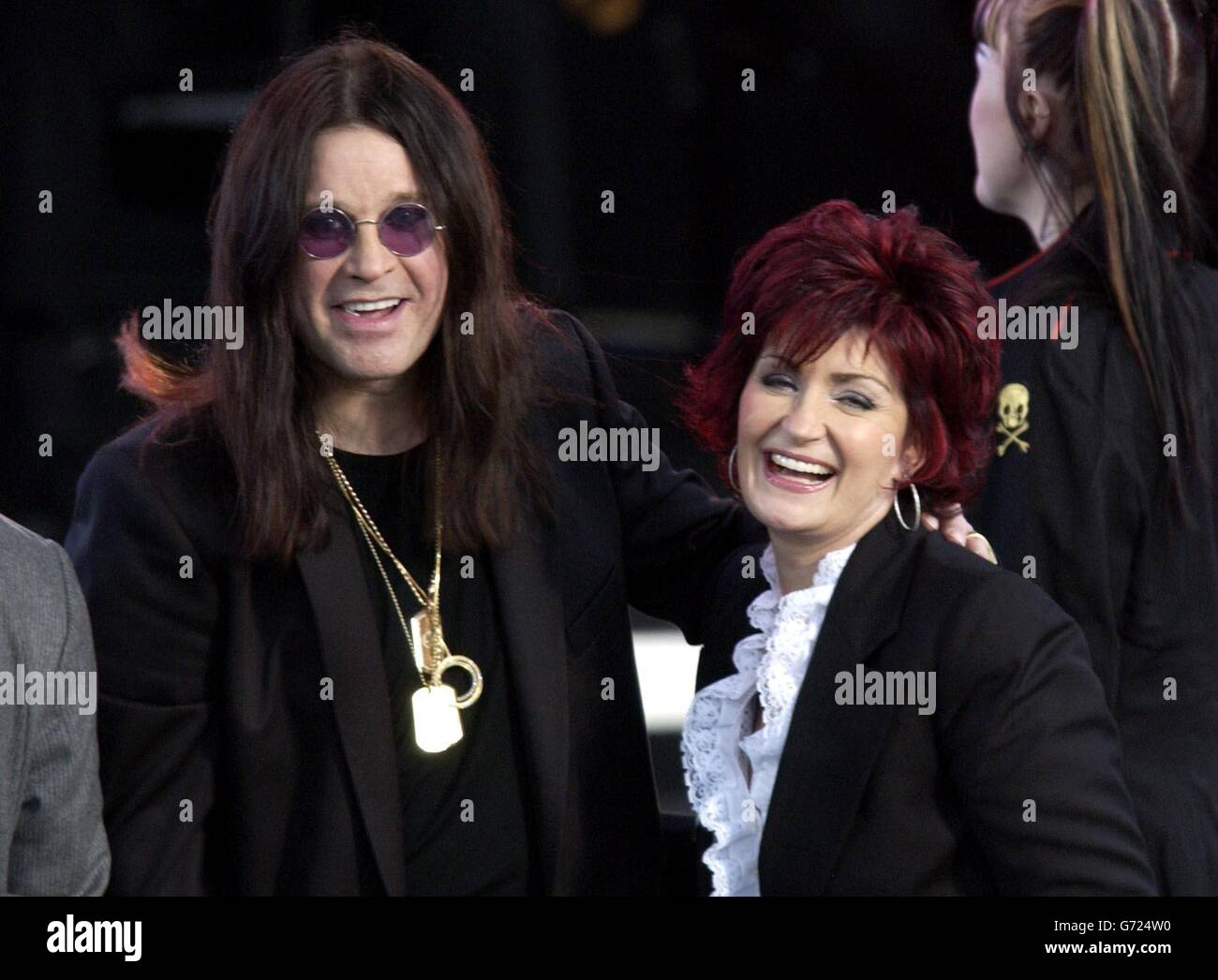 Ozzy und Sharon Osbourne auf der Bühne beim Olympic Fackel Konzert in der Mall, Central London ein kostenloses Konzert organisiert von Visit London. Stockfoto