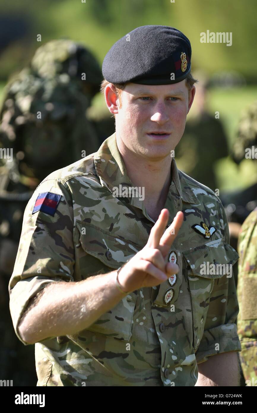 Prinz Harry trifft auf Truppen der estnischen Armee bei einer Militärübung in Sangaste am zweiten Tag seiner Reise nach Estland. Stockfoto