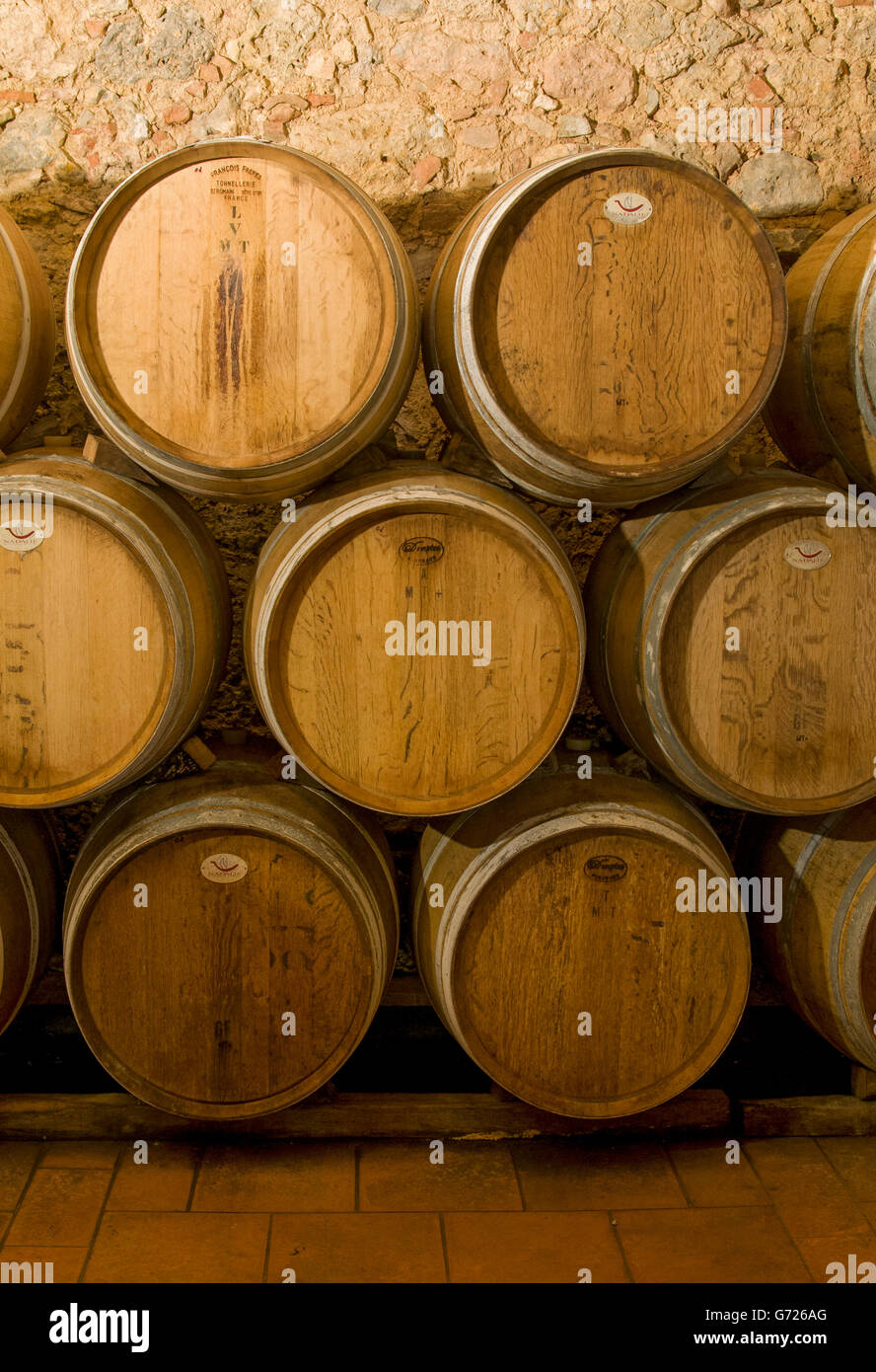 Wein-Reifung in Eichenfässern im Weinkeller in Chianti, Toskana, Toskana, Italien, Europa Stockfoto