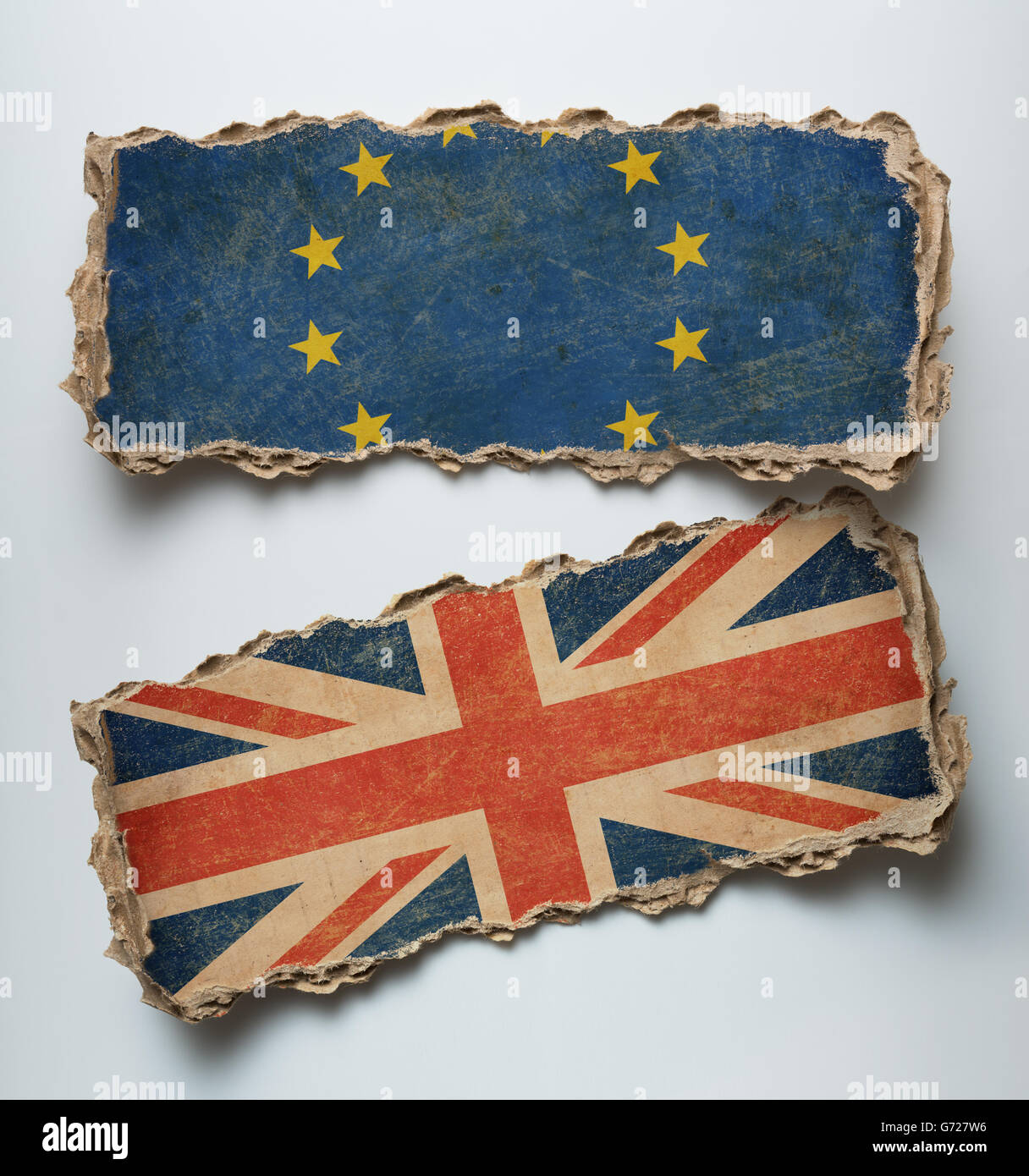 Brexit Abbildung. Europäischen Union und Great Britain Flags auf Karton. Stockfoto