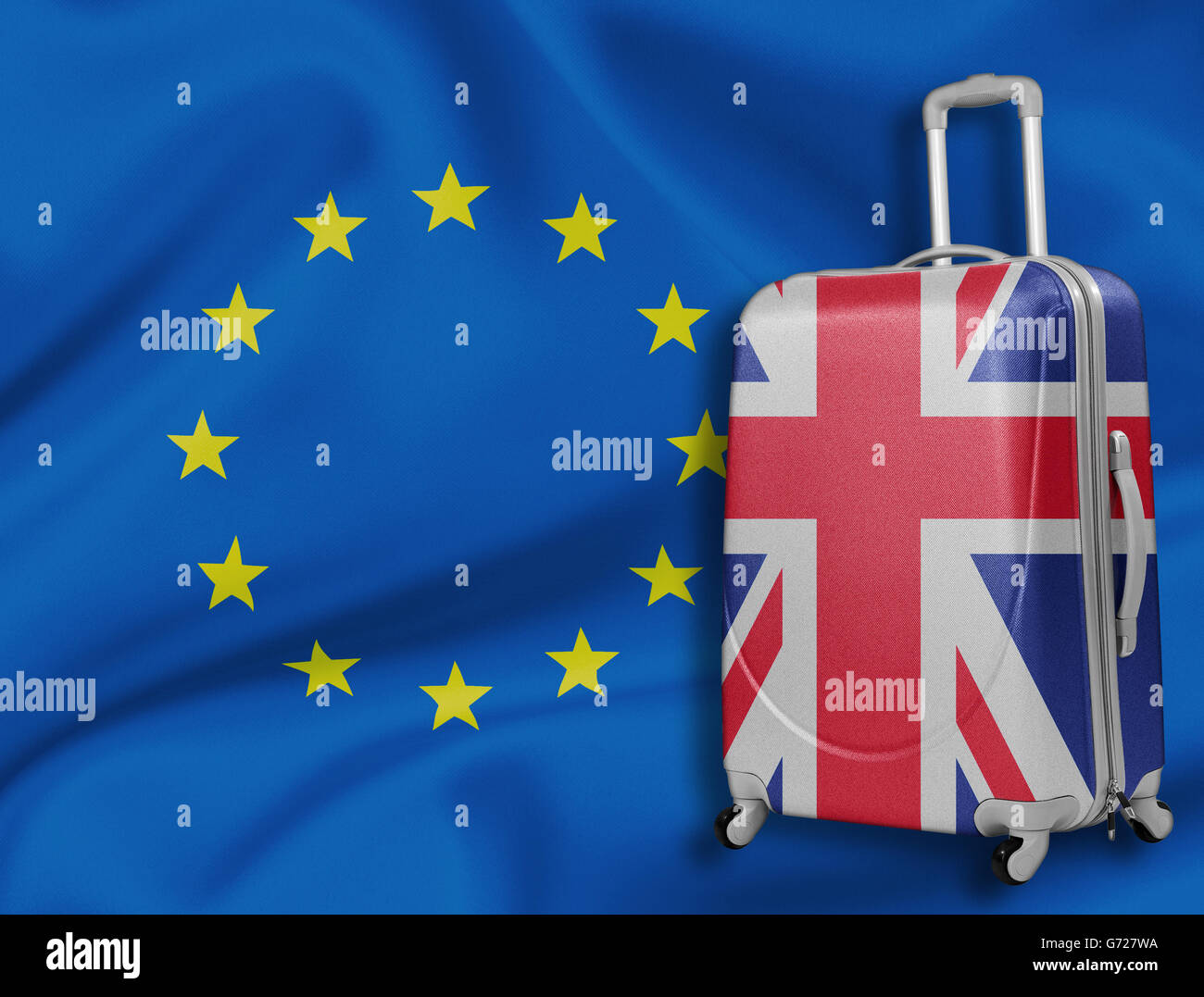 Brexit Abbildung. Britische Gepäck mit EU-Flagge hinter. Stockfoto