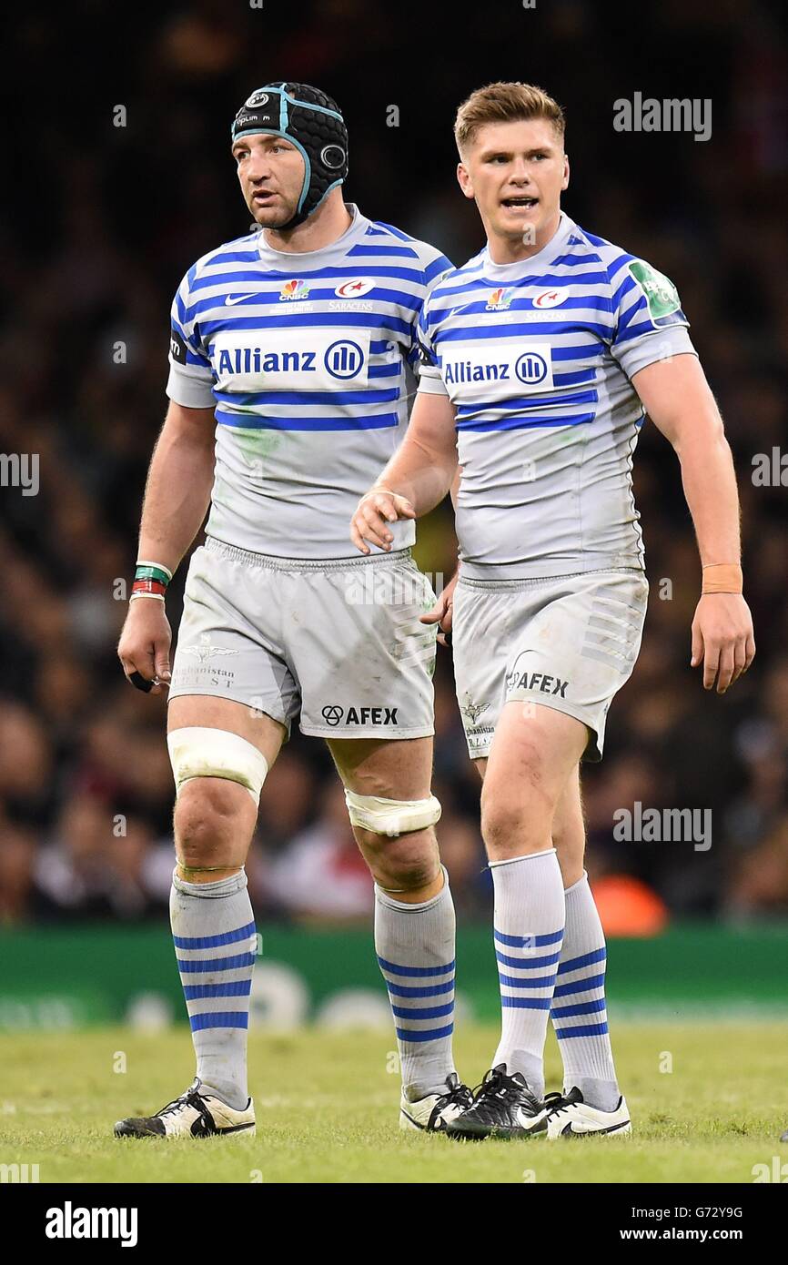 Steve Borthwick (links) und Owen Farrell (rechts) von Saracens während des Heineken Cup Finales im Millennium Stadium, Cardiff. Stockfoto