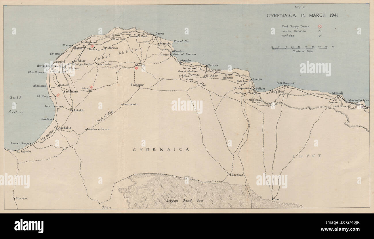 WW2 NORDAFRIKA KAMPAGNE. Cyrenaica im März 1941. Libyen, 1956 Vintage Karte Stockfoto