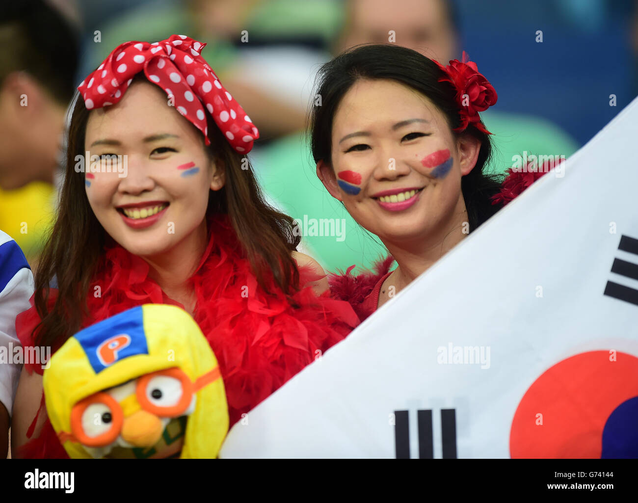 Fußball - FIFA Fußball-Weltmeisterschaft 2014 - Gruppe H - Russland gegen Südkorea - Arena Pantanal. Ein südkoreanischer Fan zeigt seine Unterstützung auf den Tribünen Stockfoto