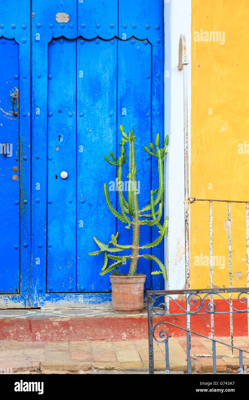 Hell blau alte Holztür und Anlage auf einem typischen, traditionellen Haus malte in leuchtenden Farben in kolonialen Trinidad, Kuba Stockfoto