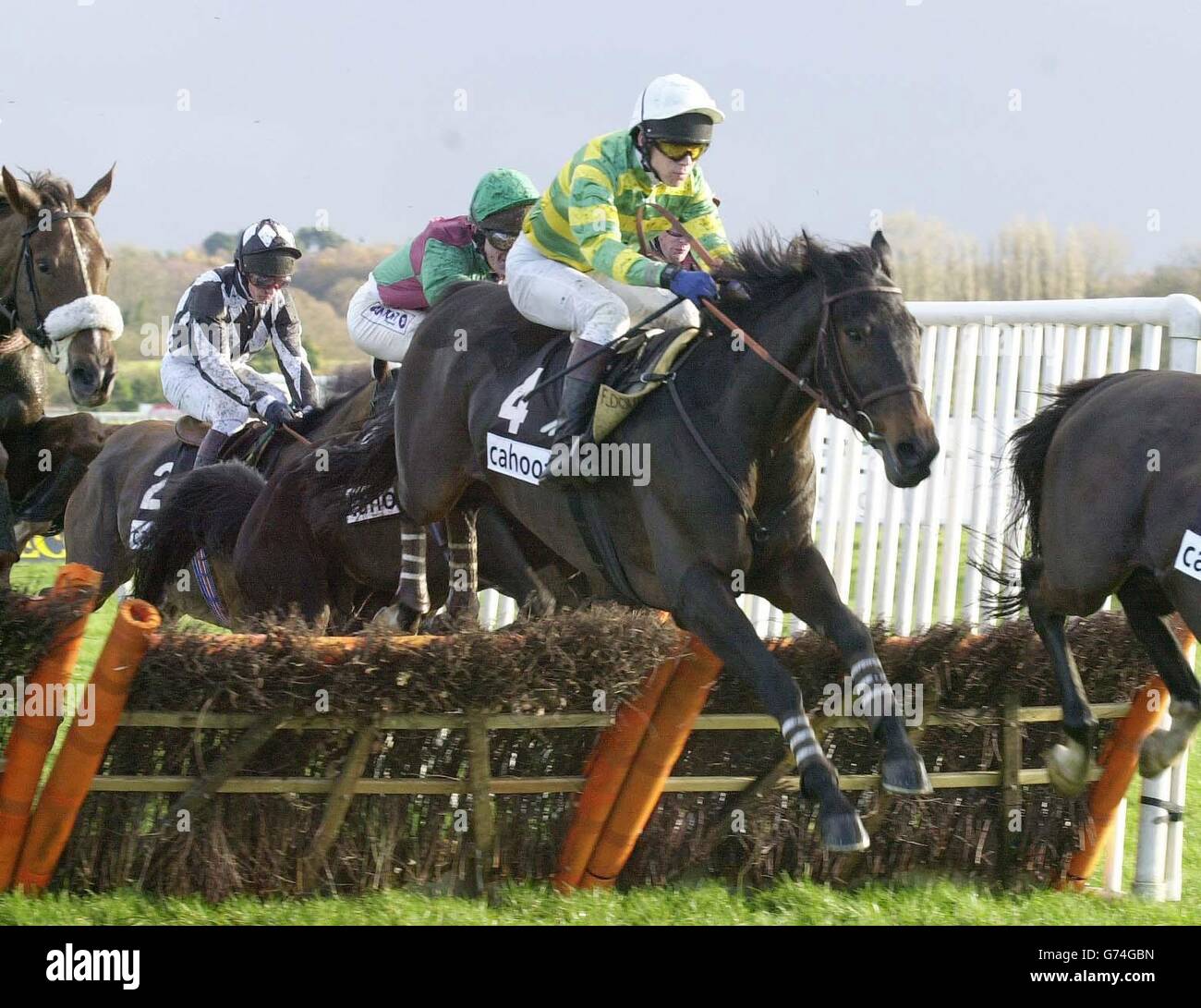 First Gold, geritten von Thierry Doumen, auf dem Weg zum dritten Platz in der Cahoot Long Distance Hurdle in Newbury. Stockfoto