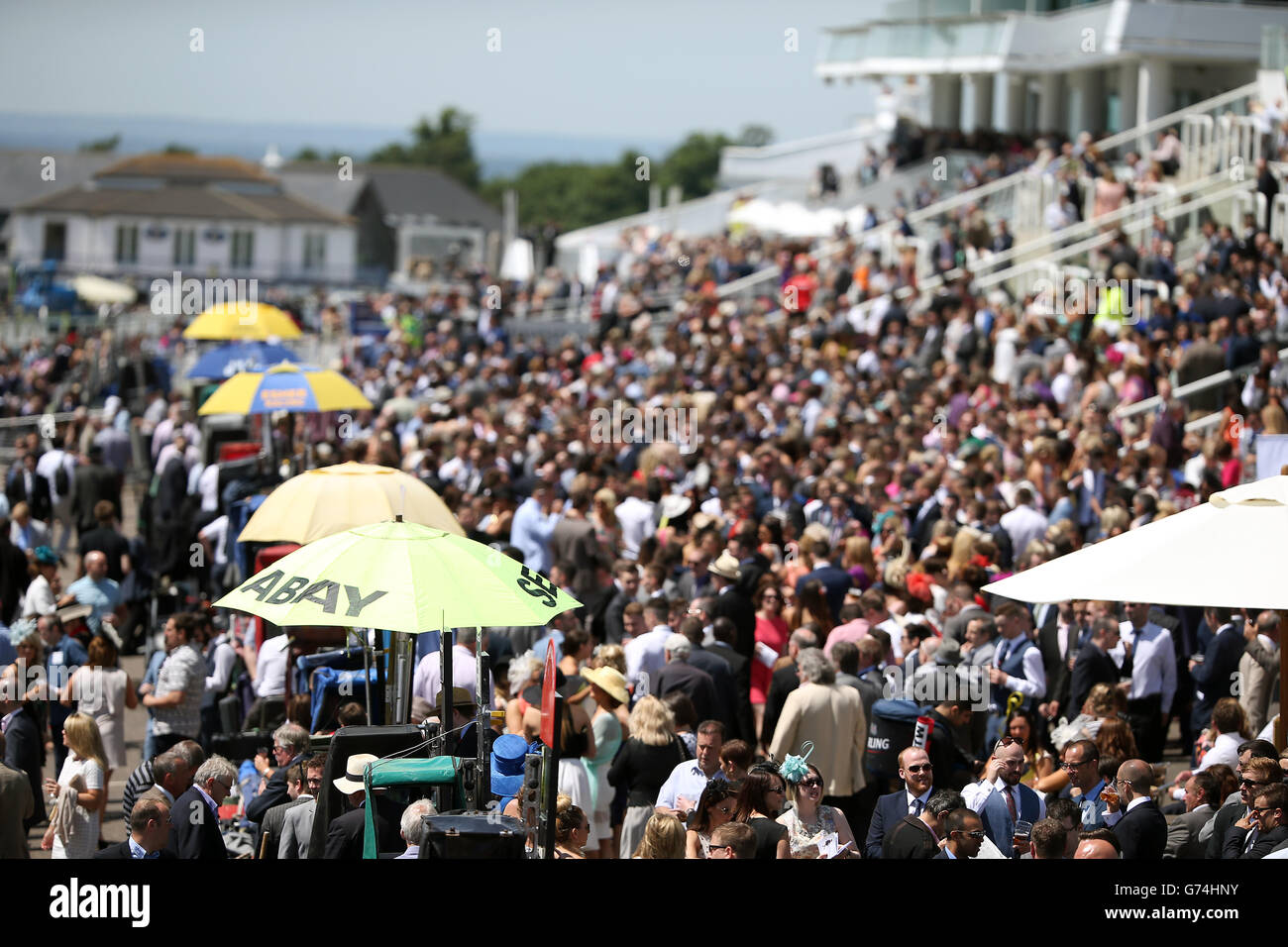 Pferderennen - Investec Ladies Day 2014 - Epsom Downs Racecourse. Ein allgemeiner Blick auf die Menschenmassen am Ladies Day auf der Rennbahn Epsom Downs Stockfoto