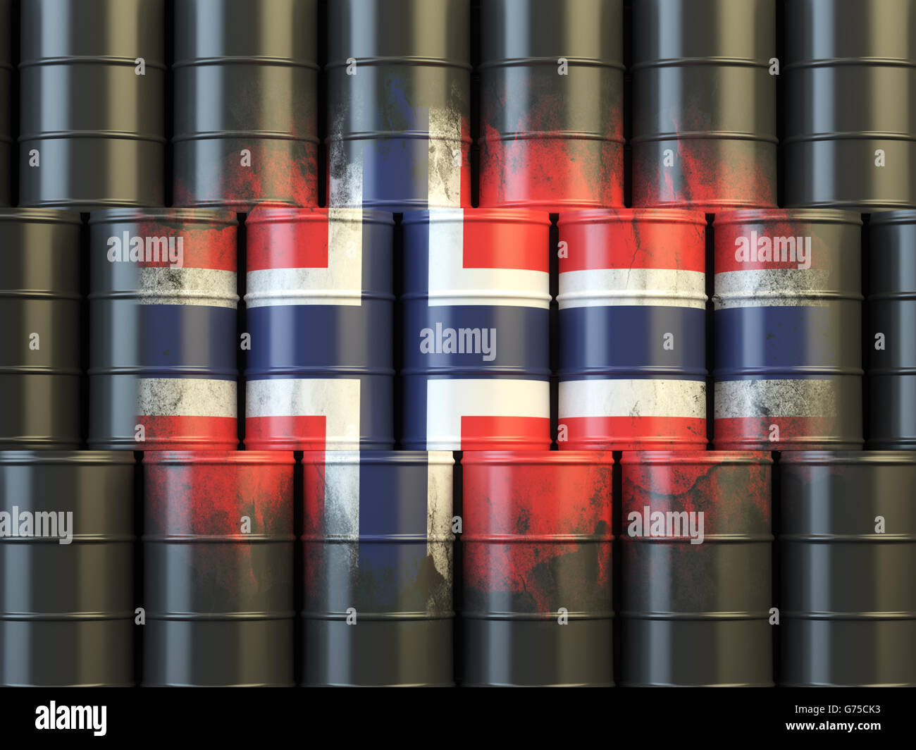 Heizöl von Norwegen Energiekonzept. Norwegische Flagge gemalt auf Ölfässern. 3D illustration Stockfoto