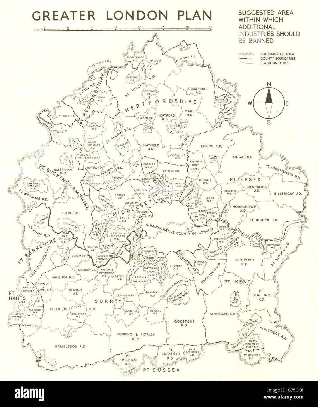 GREATER LONDON. Vorgeschlagene Gebiet weitere branchenspezifische zu verbieten. ABERCROMBIE, 1944 Karte Stockfoto