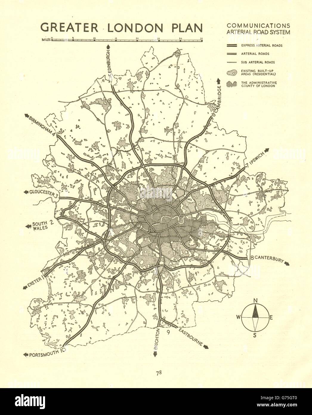 Greater London Vorgeschlagenen Autobahnen Arteriellen Ringstrassen M25 Abercrombie 1944 Karte Stockfotografie Alamy