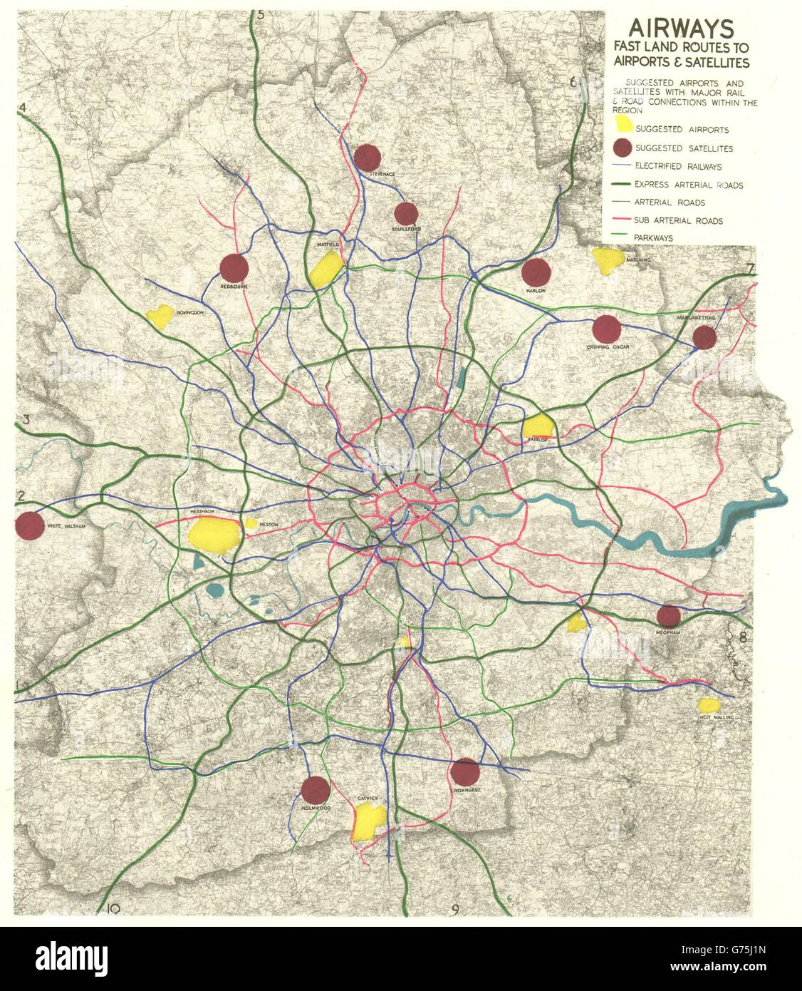 MEHR LONDON PLAN. Flughäfen & Straße/Schiene Verbindungen. ABERCROMBIE, 1944 Karte Stockfoto
