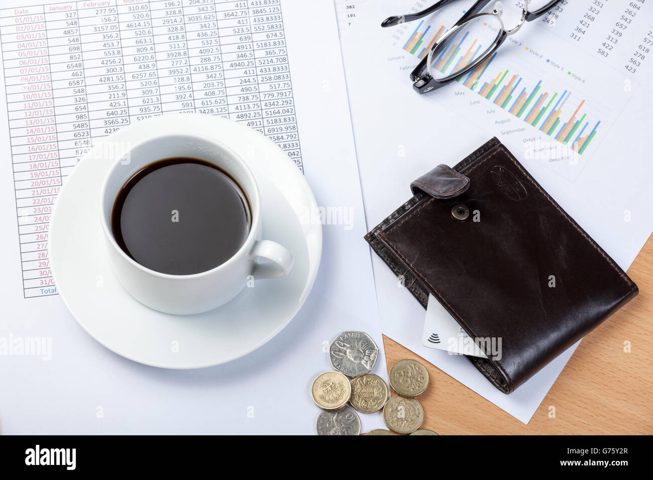Brieftasche mit einer Kreditkarte in ihm auf einen Buchhalter Schreibtisch mit Bargeld und eine Tasse schwarzen Kaffee Verlegung auf einer Tabellenkalkulation Stockfoto