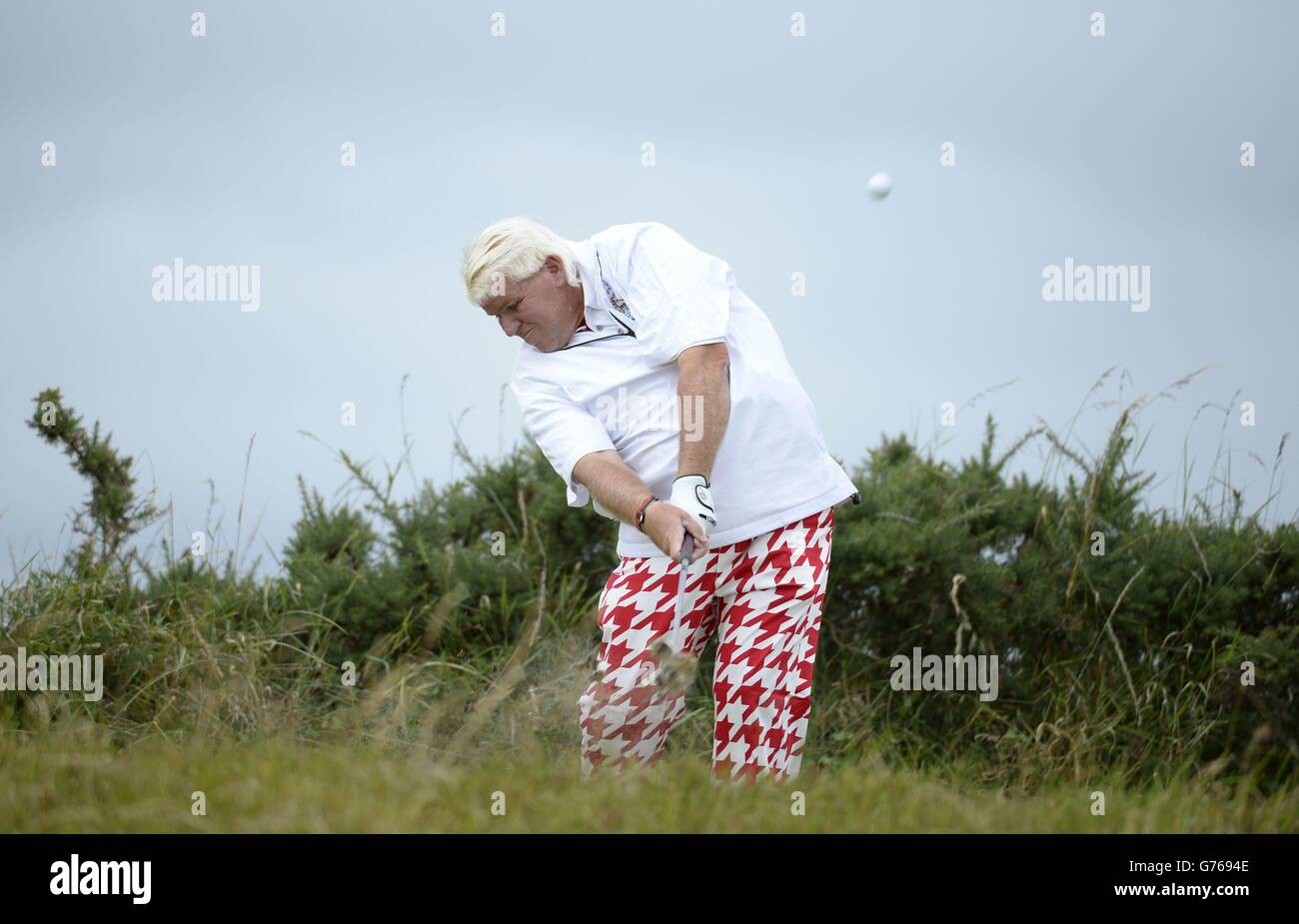 John Daly aus den USA während des zweiten Trainingstages der Open Championship 2014 im Royal Liverpool Golf Club, Hoylake. Stockfoto