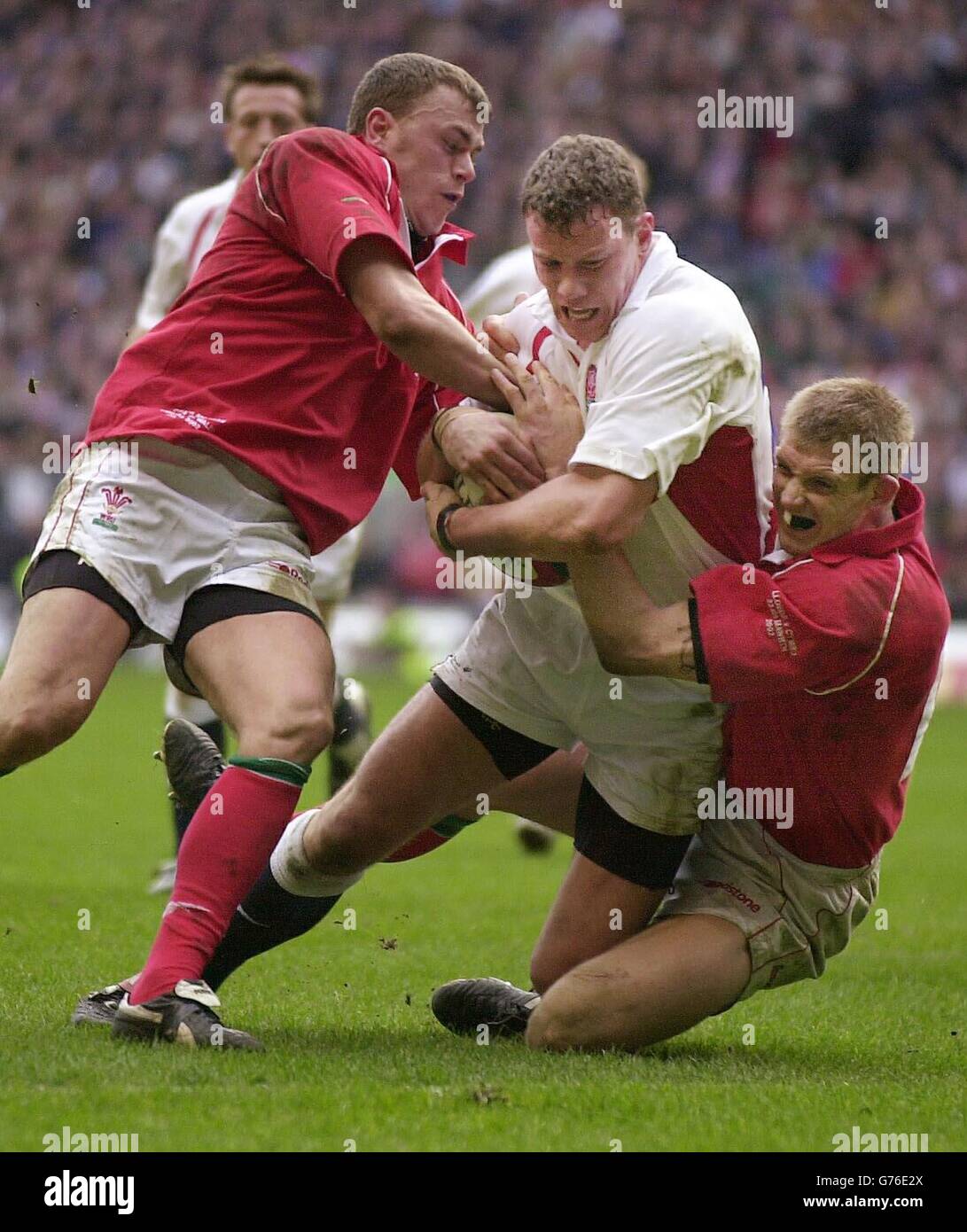 Tim Stimpson aus England erzielt den letzten Versuch gegen Wales, wobei Craig Morgan (L) und Dafydd James (R) vergeblich versuchen, ihn während ihres Lloyds TSB Six Nations-Spiels in Twickenham in London zu stoppen. Endergebnis: England 50 Wales 10. Stockfoto