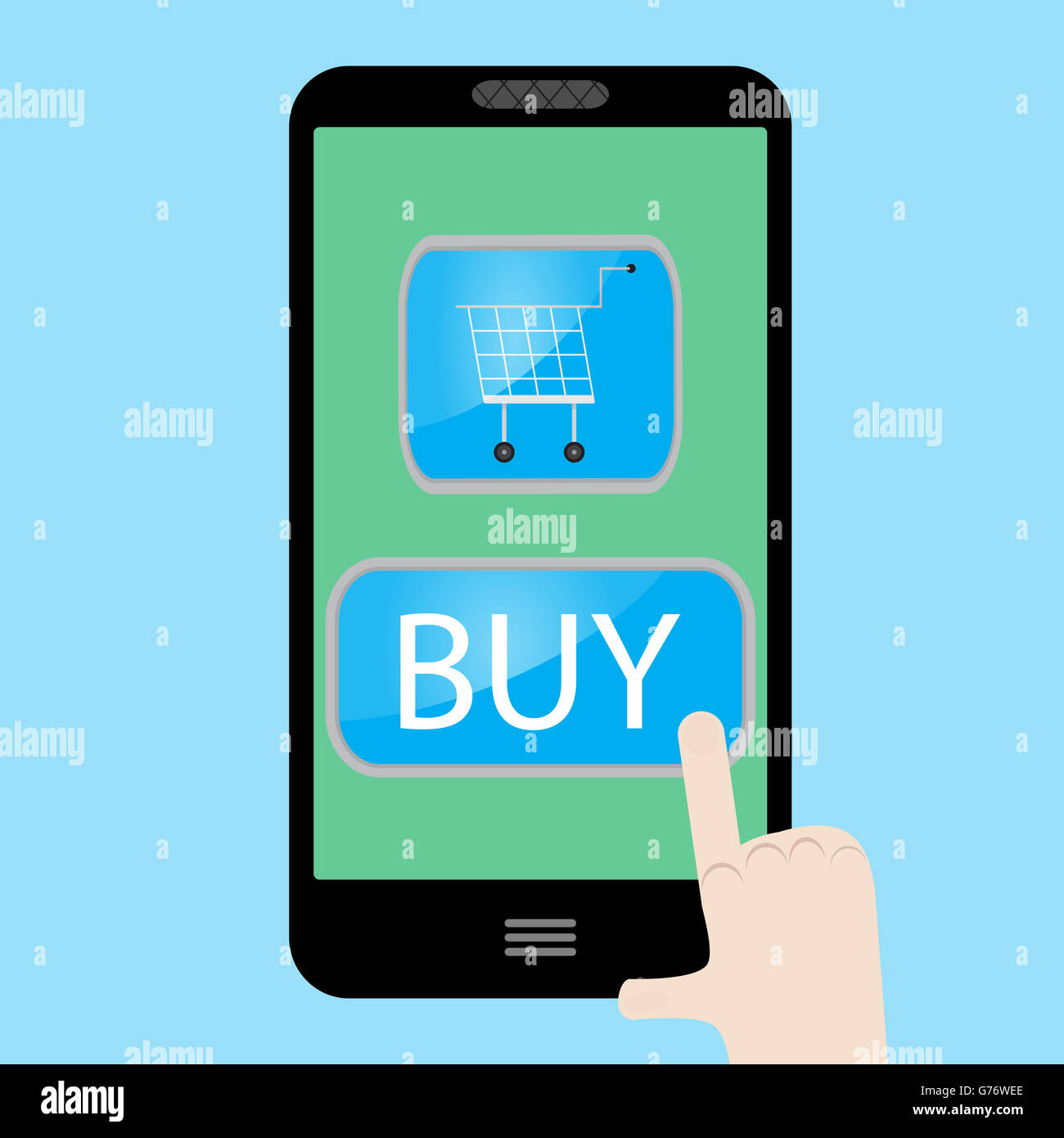 Kaufen Sie jetzt mit Ihrem Smartphone verwenden. Verkauf-Web und kaufen Warenkorb mit Internet, Vektor-illustration Stockfoto