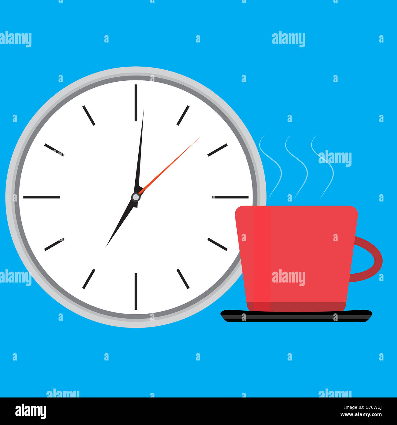Uhr und Kaffee aufwachen. Glücklich aufwachen, morgens aufwachen, aufstehen, Vektor-illustration Stockfoto