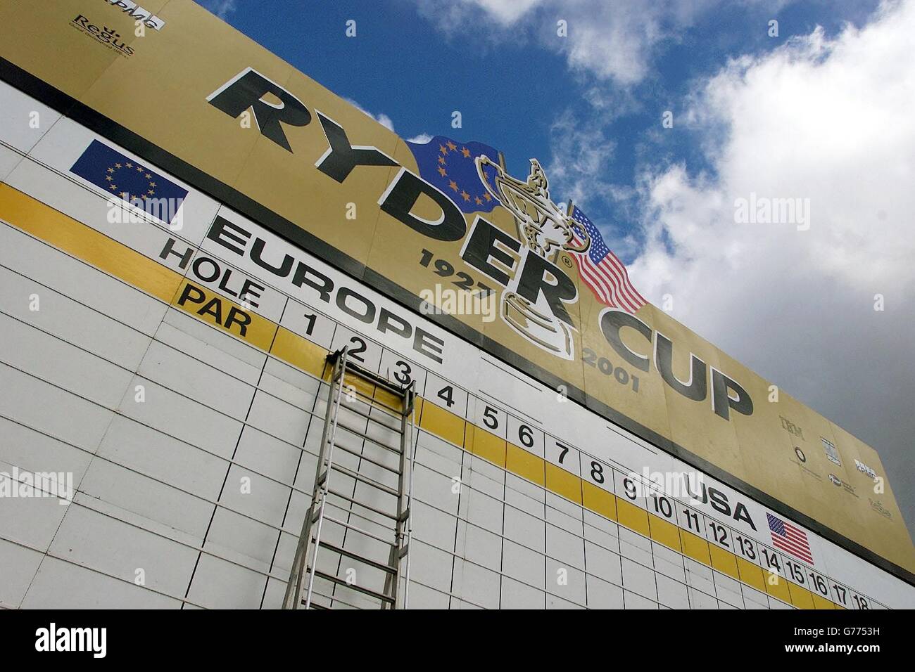 34. Ryder Cup-Wertungsboard. Anzeigetafel über das 18. Grün der Brabazon-Strecke am Belfry vor den 34. Ryder Cup-Übungsrunden, die morgen beginnen. Stockfoto