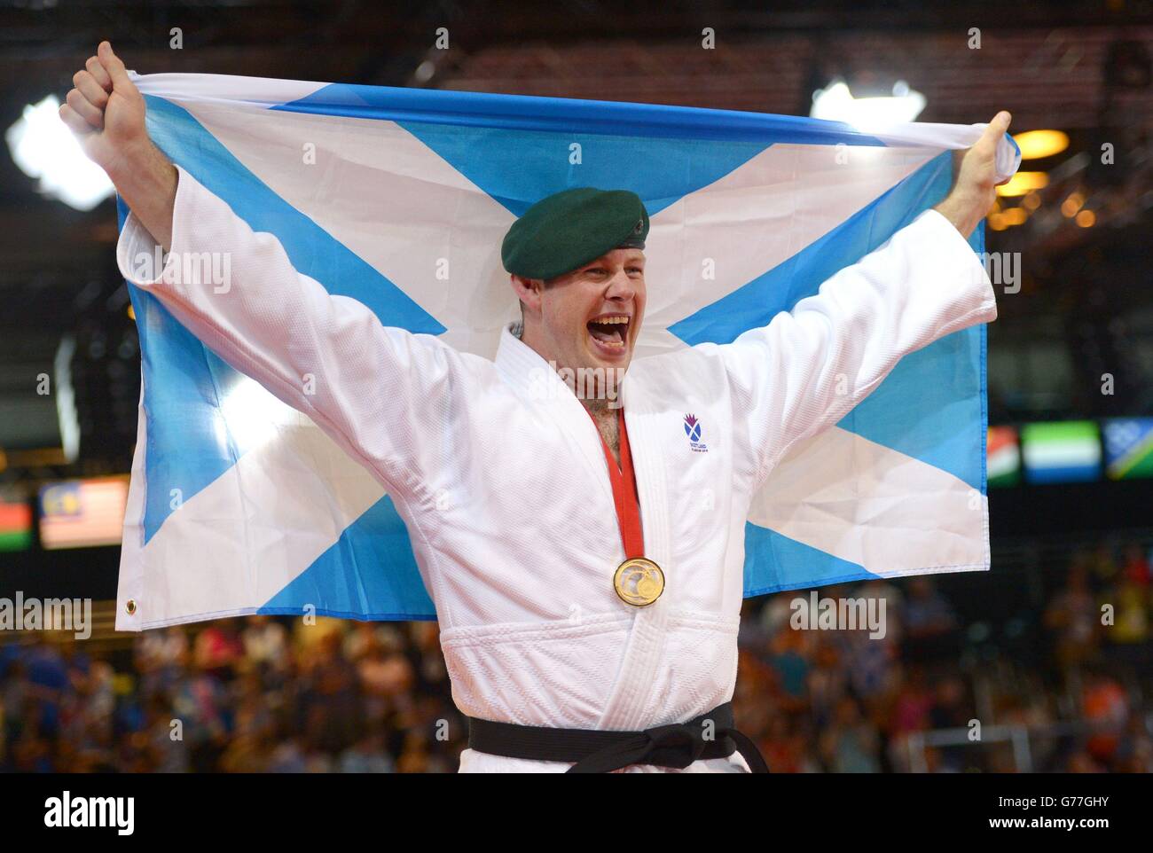 Goldmedaillengewinner Christopher Sherrington von Schottland nach seinem Männer +100kg Gold Medal Judo Contest beim SECC während der Commonwealth Games 2014 in Glasgow. Stockfoto