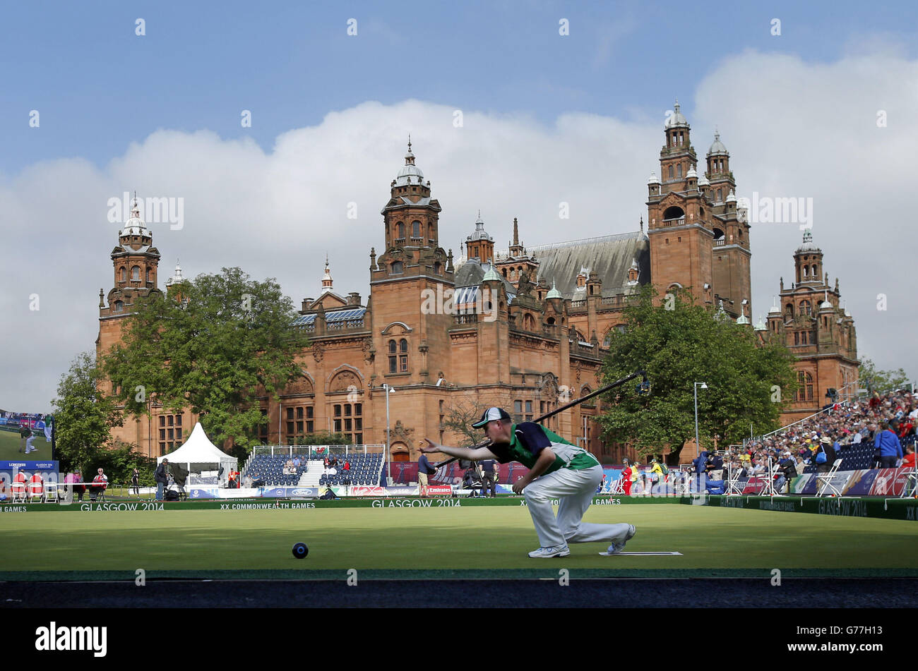 Actiion zwischen Nordirland und Südafrika im Kelvingrove Lawn Bowls Centre, während der Commonwealth Games 2014 in Glasgow. Stockfoto