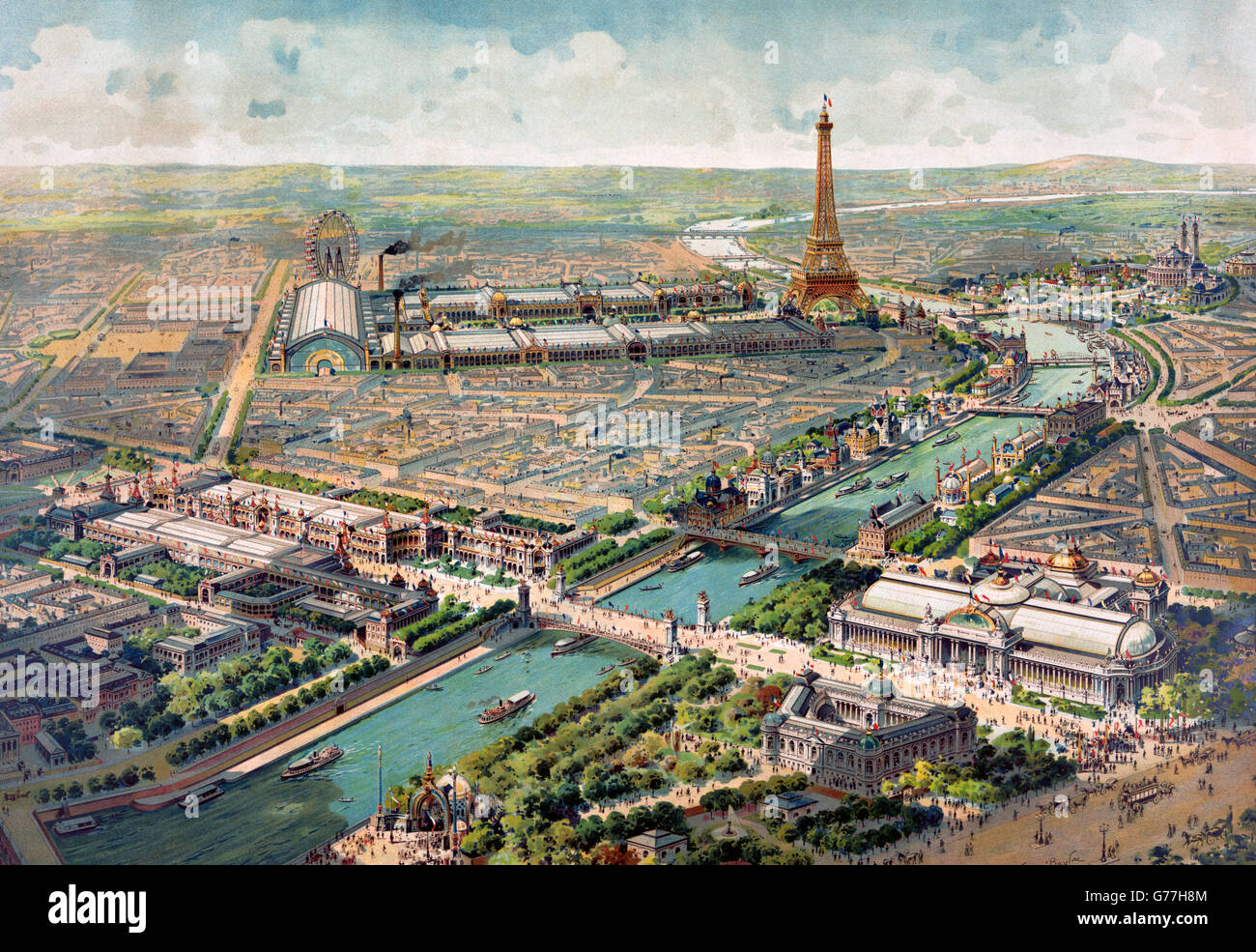 Ausstellung Paris, 1900. Panoramasicht auf die Exposition Universelle 1900 in Paris, Frankreich. Lithografie von Lucien Baylac, 1900. Stockfoto