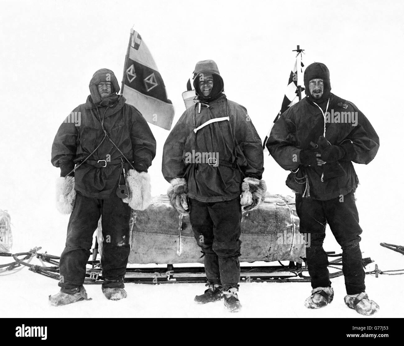 Ernest Shackleton, Kapitän Robert Falcon Scott und Dr. Edward Wilson über die British National Antarctic Expedition 1901-1904 (Discovery Expedition), aufgenommen am 2nd. November 1902. Die Expedition war die erste offizielle britische Erkundung der antarktischen Regionen seit James Clark Ross's Reisen im Jahr 1839-1843 Stockfoto