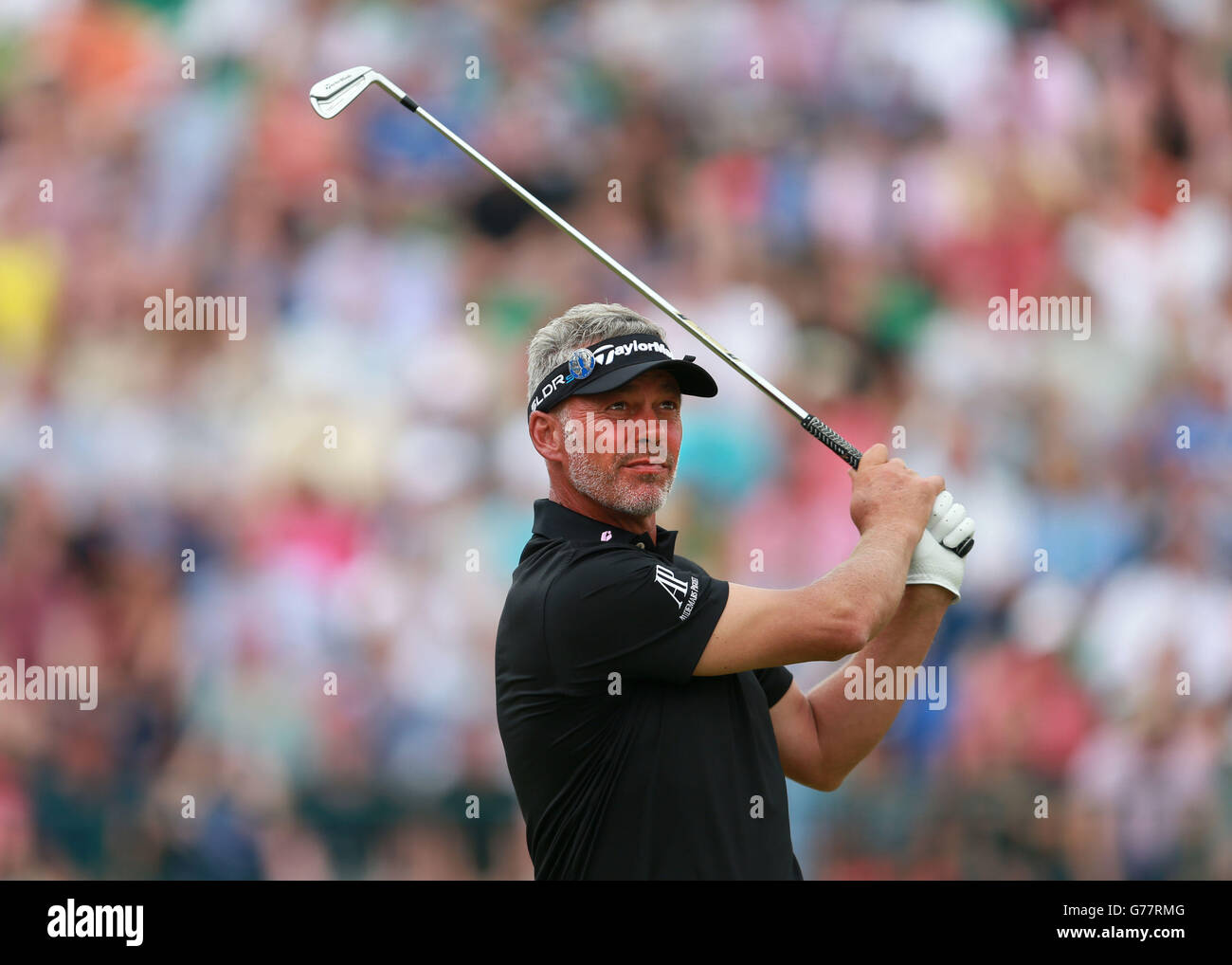 Darren Clarke aus Nordirland schlägt am vierten Tag der Open Championship 2014 im Royal Liverpool Golf Club, Hoylake, das 4. Loch ab. Stockfoto