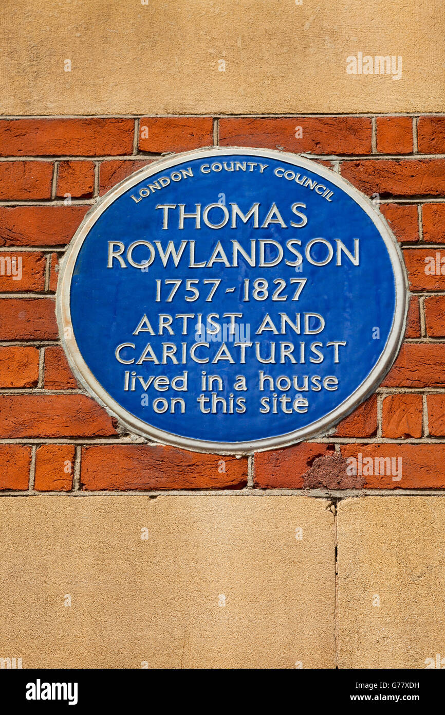 Blaue Plakette, Thomas Rowlandson, Künstler und Karikaturist, lebten hier, 16 John Adam Street, London, UK Stockfoto