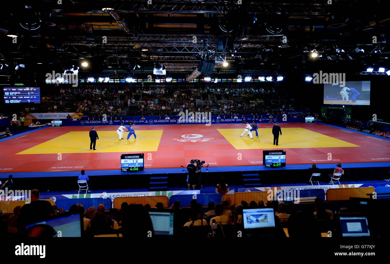 Ein Überblick über das 73 kg Judo-Event der Männer beim SECC während der Commonwealth Games 2014 in Glasgow. Stockfoto