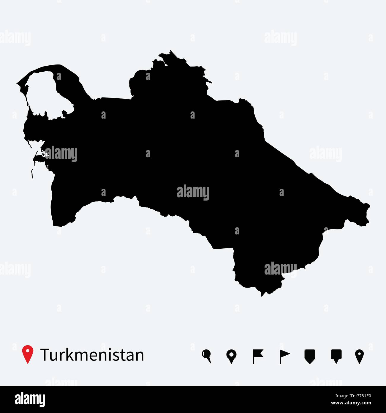 Hoch detaillierte Vektorkarte von Turkmenistan mit Navigation Pins. Stock Vektor