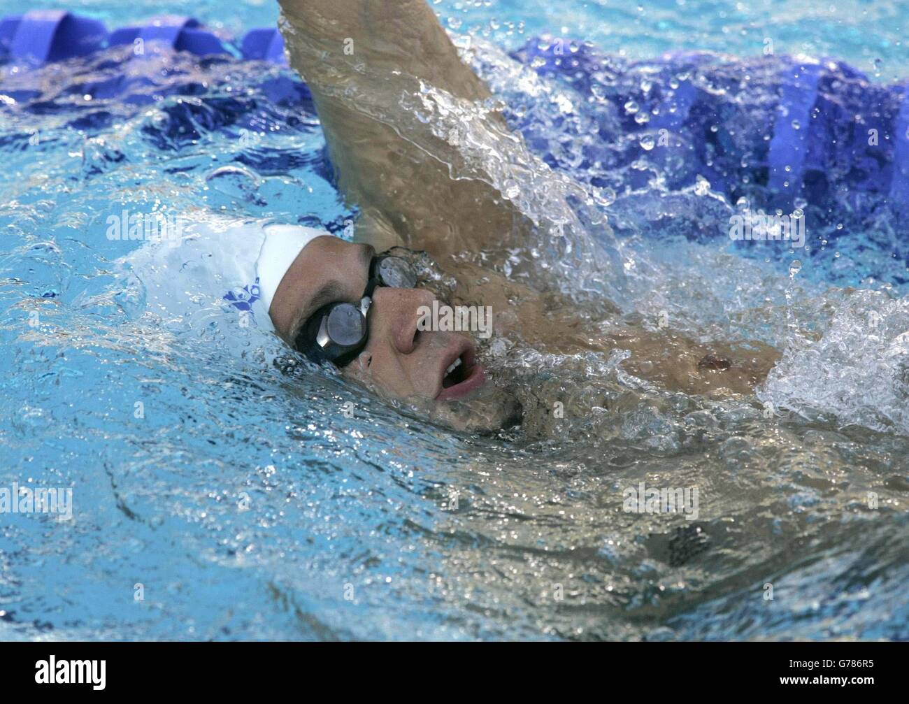 OLYMPISCHE Spiele 2004 Schwimmen. James Hickman aus Manchester während einer Trainingseinheit am ersten ganzen Wettkampftag bei den Olympischen Spielen 2004 in Athen. Stockfoto