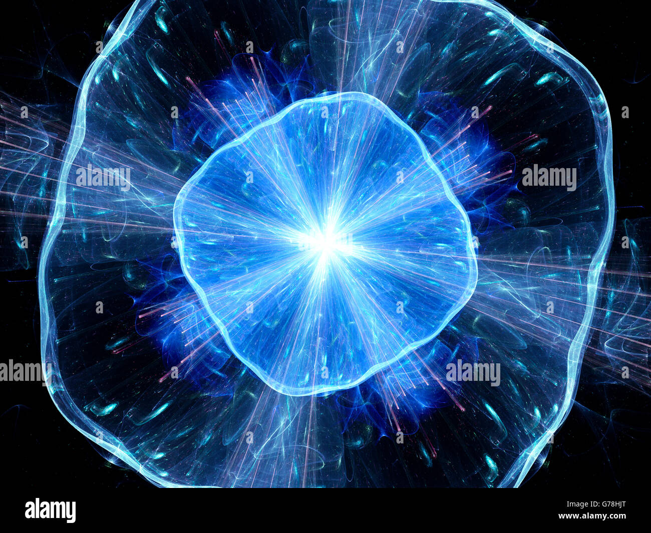 Blau leuchtende Explosion im Weltraum, Computer generierte abstrakten Hintergrund Stockfoto