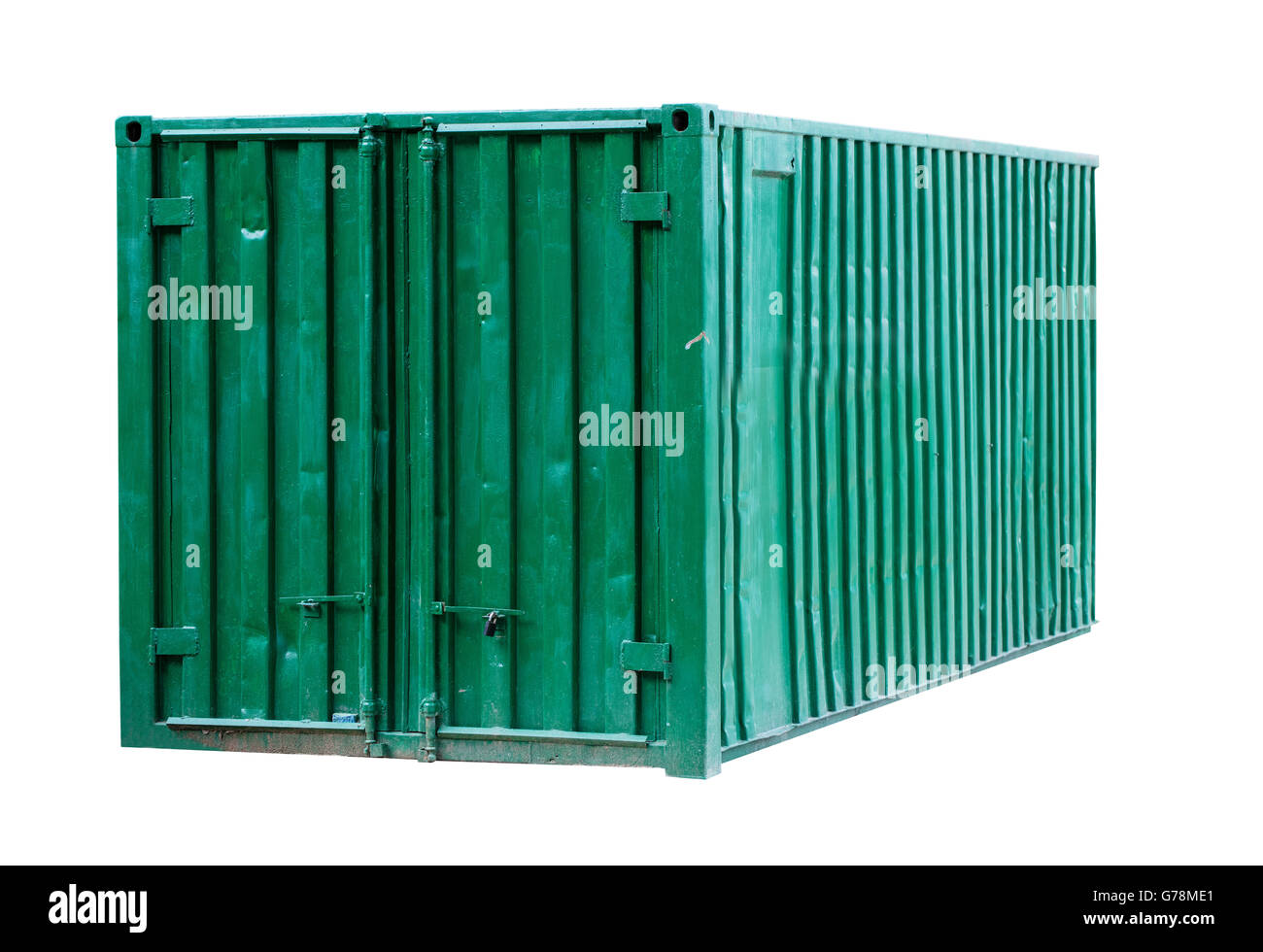 grüne Metall-Container isoliert auf weißem Hintergrund Stockfoto