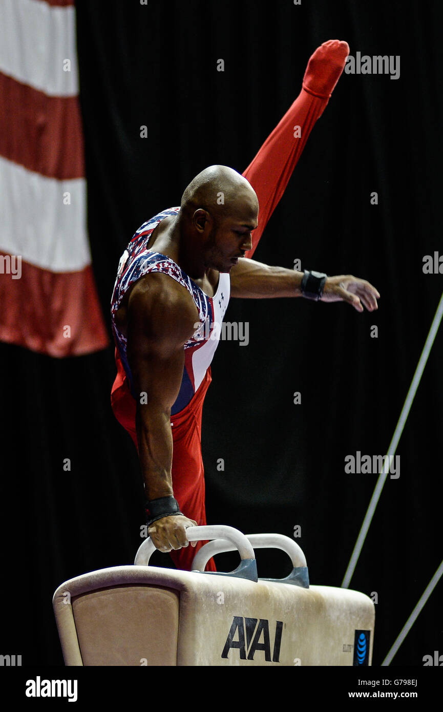 St. Louis, Missouri, USA. 25. Juni 2016. JOHN OROZCO konkurriert am Pauschenpferd während der letzten Nacht des Wettbewerbs während der 2016 uns Männer Gymnastik Olympic Team Trials in Chaifetz Arena, St. Louis, Missouri statt. Bildnachweis: Amy Sanderson/ZUMA Draht/Alamy Live-Nachrichten Stockfoto