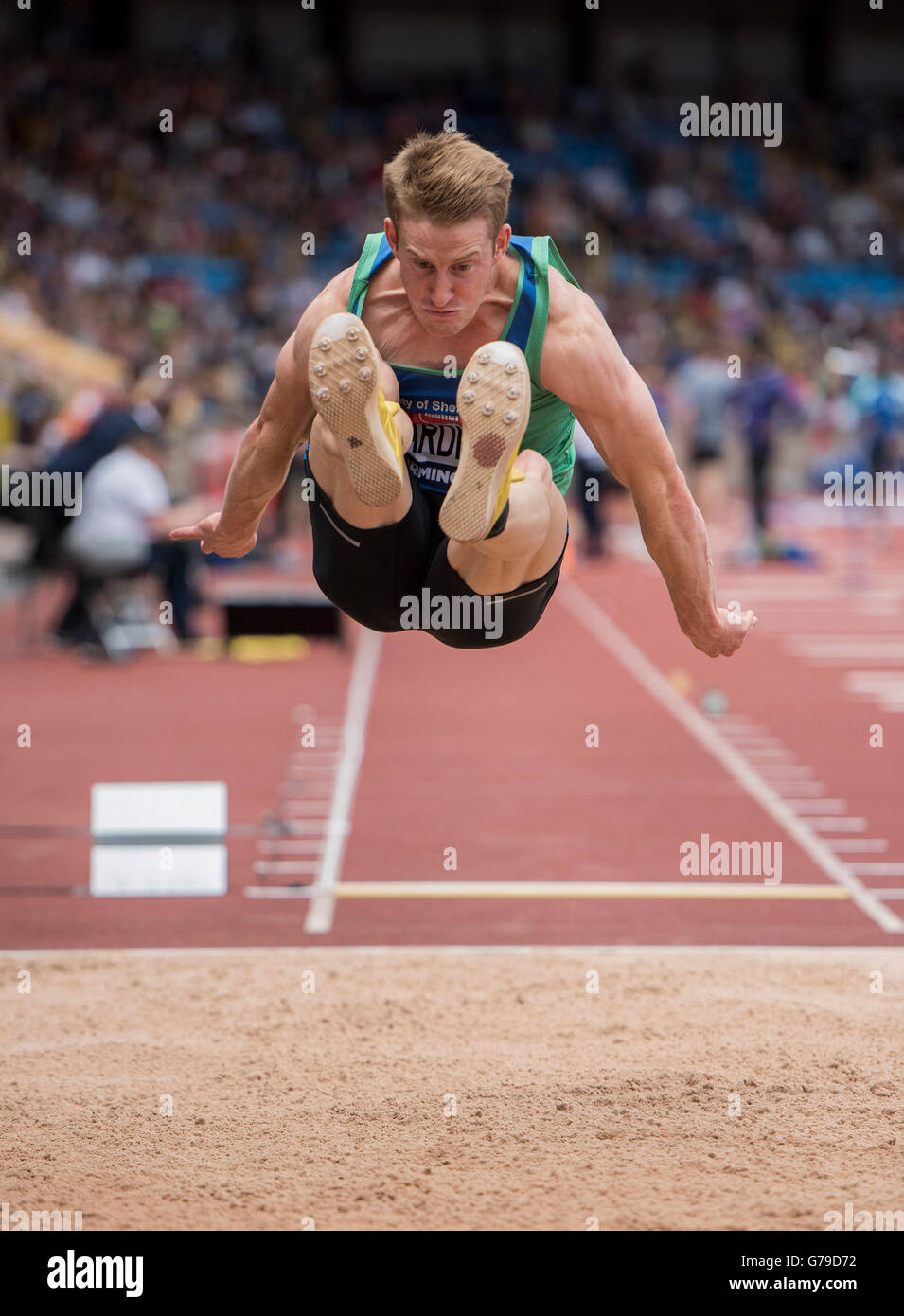 Alexander-Stadion, Birmingham, UK. 26. Juni 2016. Der britischen Leichtathletik-Weltmeisterschaft 2016. Daniel Gardiner konkurriert in der Mens Long Jump Finale bei der britischen Leichtathletik-Weltmeisterschaft in Birmingham. © Aktion Plus Sport/Alamy Live-Nachrichten Stockfoto