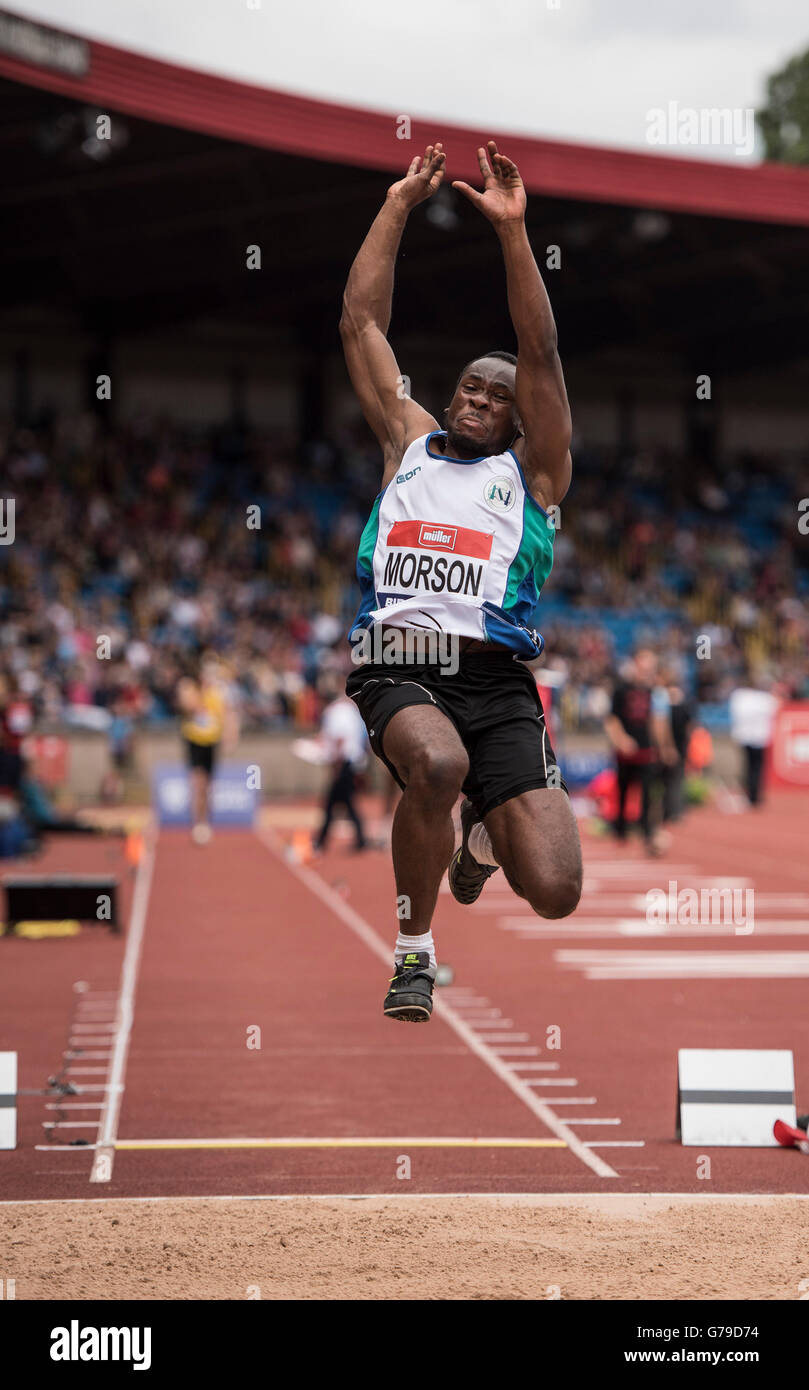 Alexander-Stadion, Birmingham, UK. 26. Juni 2016. Der britischen Leichtathletik-Weltmeisterschaft 2016. Darren Morson konkurriert in der Mens Long Jump Finale bei der britischen Leichtathletik-Weltmeisterschaft in Birmingham. © Aktion Plus Sport/Alamy Live-Nachrichten Stockfoto