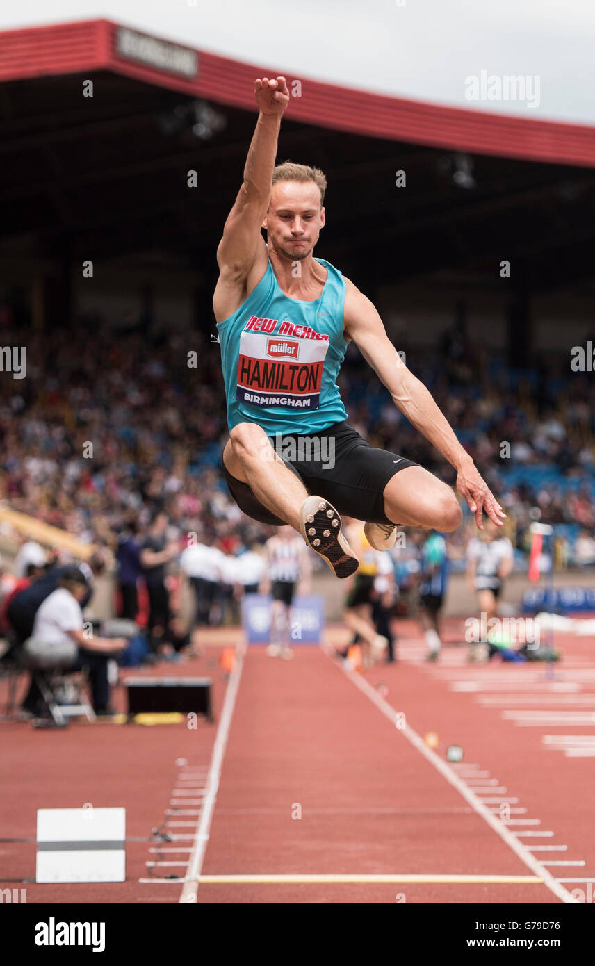 Alexander-Stadion, Birmingham, UK. 26. Juni 2016. Der britischen Leichtathletik-Weltmeisterschaft 2016. Allan Hamilton konkurriert in der Mens Long Jump Finale bei der britischen Leichtathletik-Weltmeisterschaft in Birmingham. © Aktion Plus Sport/Alamy Live-Nachrichten Stockfoto