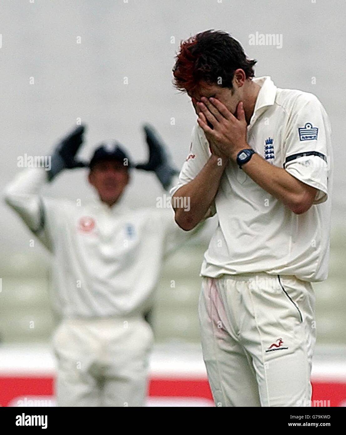 England Bowler James Anderson (rechts) und Wicket-Torwart Alec Stewart zeigen ihre Dejektion, nachdem der südafrikanische Schlagmann Herschelle Gibbs am ersten Tag des ersten npower-Testmatches in Edgbaston, Birmingham, von Anderson fallen gelassen wurde. Stockfoto