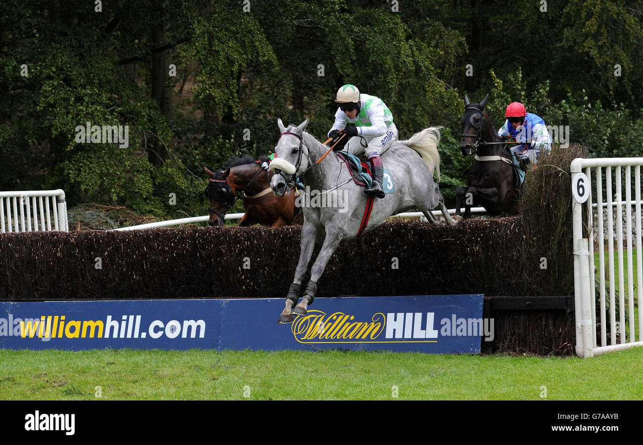 Pferderennen - William Hill August Bank Holiday Festival - Cartmel Racecourse. Balbriggan wird von Richard Johnson auf dem Weg zum Sieg im Miller Howe Cavendish Cup auf der Cartmel Racecourse, Cartmel, Cumbria, gefahren. Stockfoto