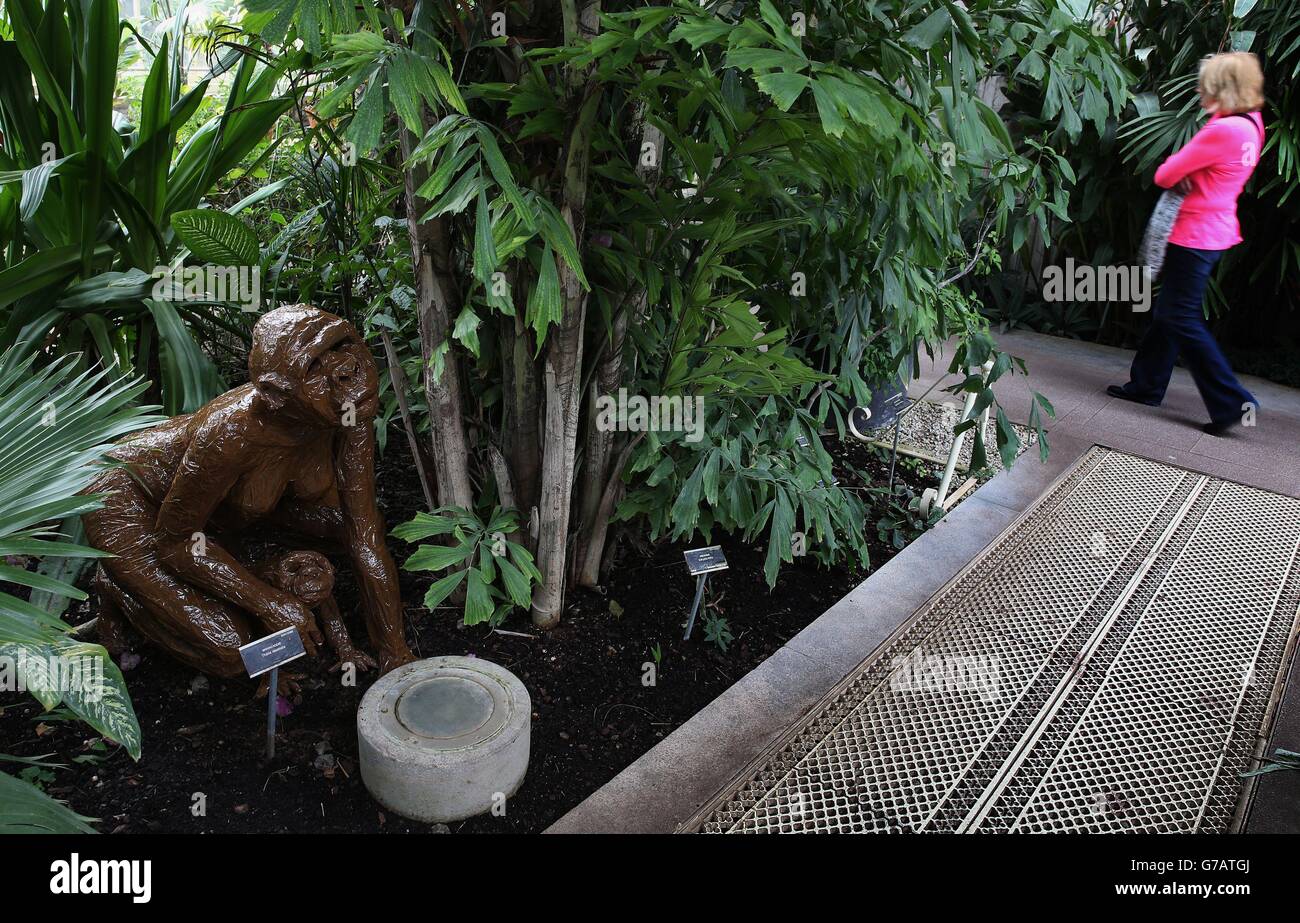 Eine Frau geht an 'Tieren' von Sandra Davoren vorbei, die im Vorfeld der Ausstellung Sculpture in Context 2014 gezeigt wird, die diesen Donnerstag eröffnet. Stockfoto