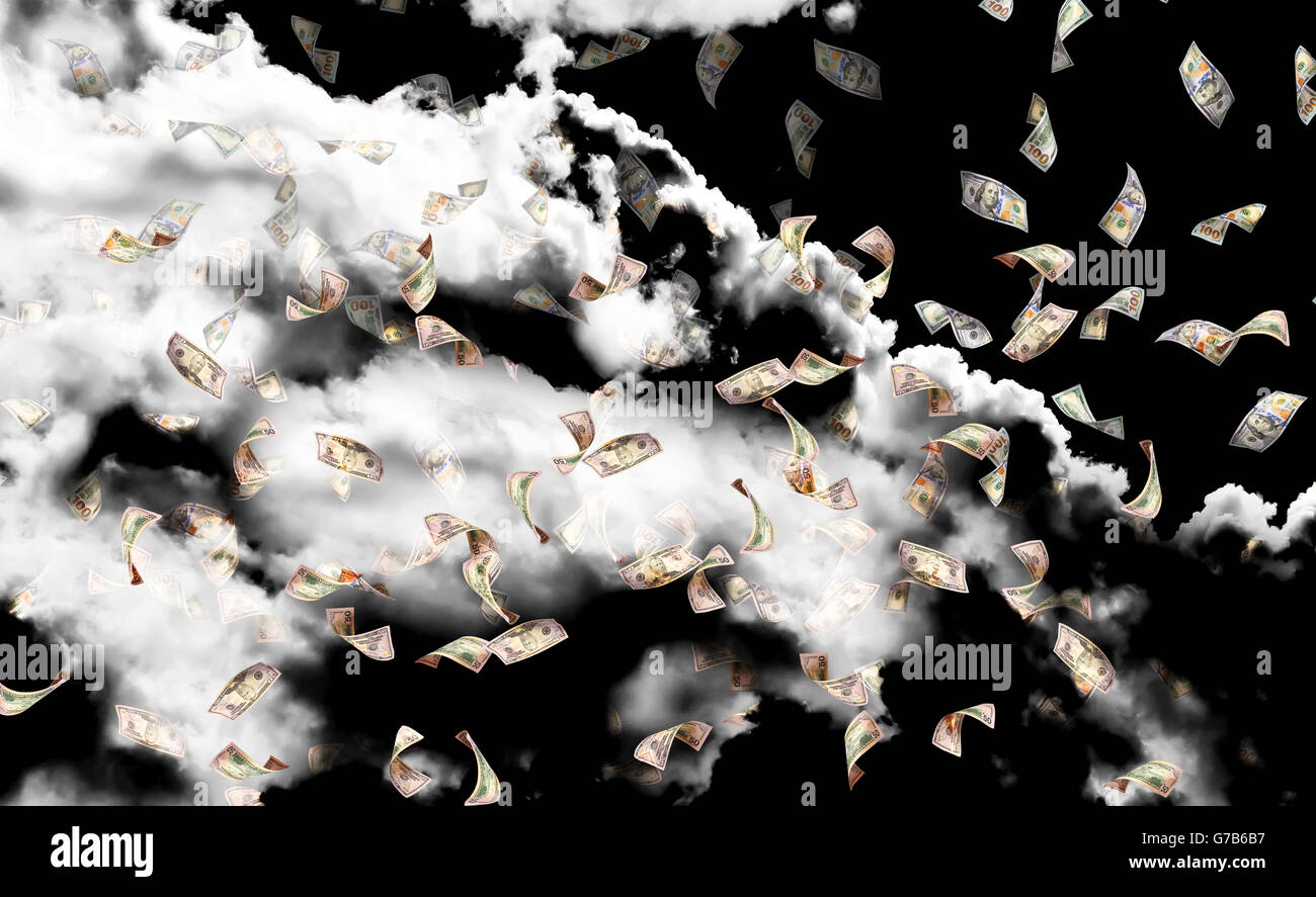 fliegen viele Dollar Bills auf dunklen Himmelshintergrund, Doppelbelichtung Stockfoto