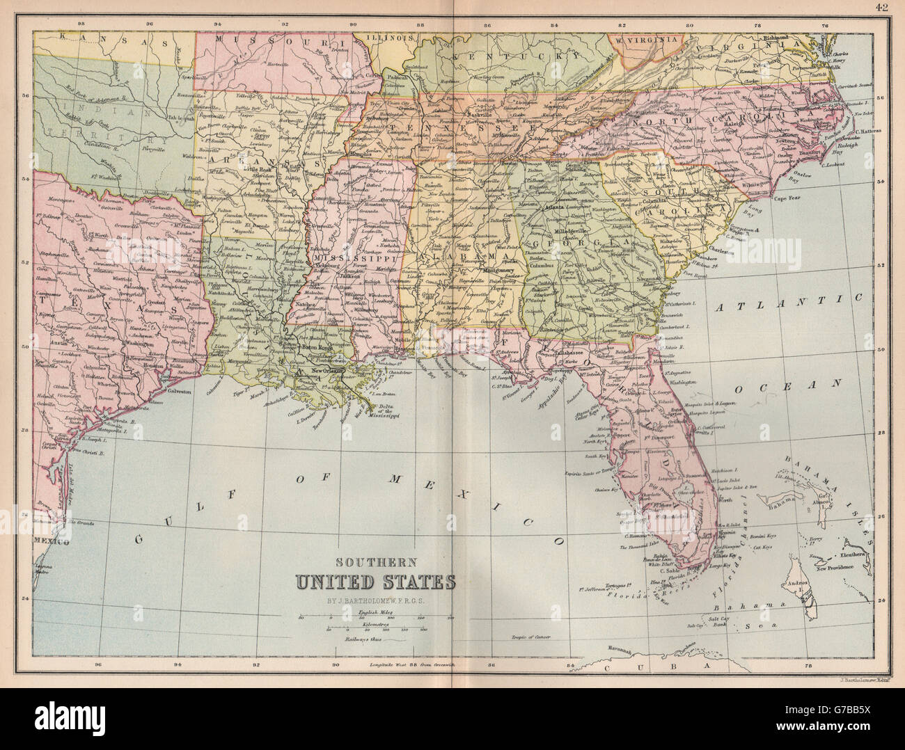 USA. "Süden der Vereinigten Staaten". Bible Belt. FL GA SC NC MS LA AL AR, 1878-Karte Stockfoto