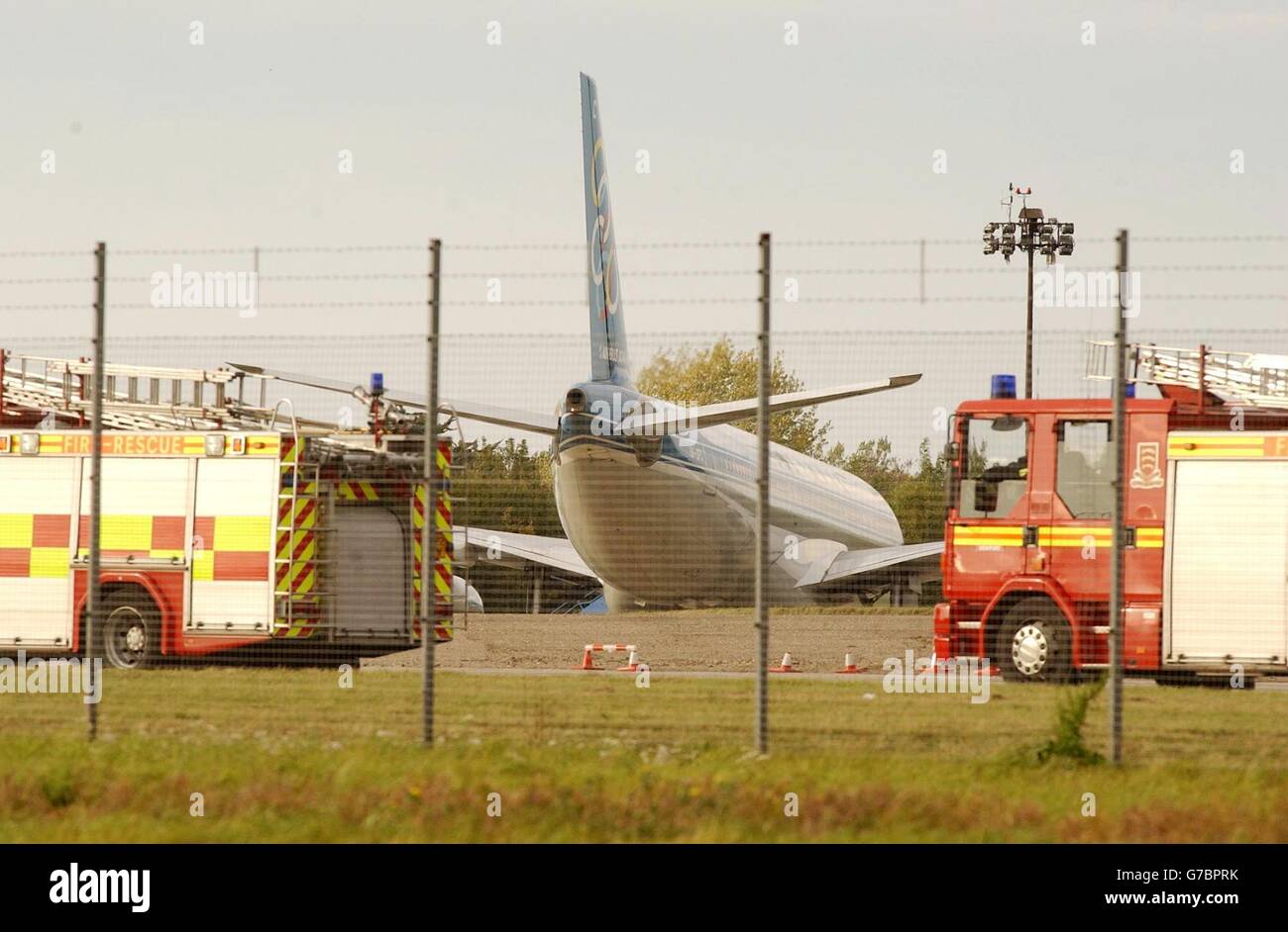 Das Flugzeug der Olympic Airlines am Flughafen Stansted, nachdem RAF-Flugzeuge das zivile Flugzeug nach einer Sicherheitswarnung begleitet hatten, teilte das Verteidigungsministerium mit. Stockfoto