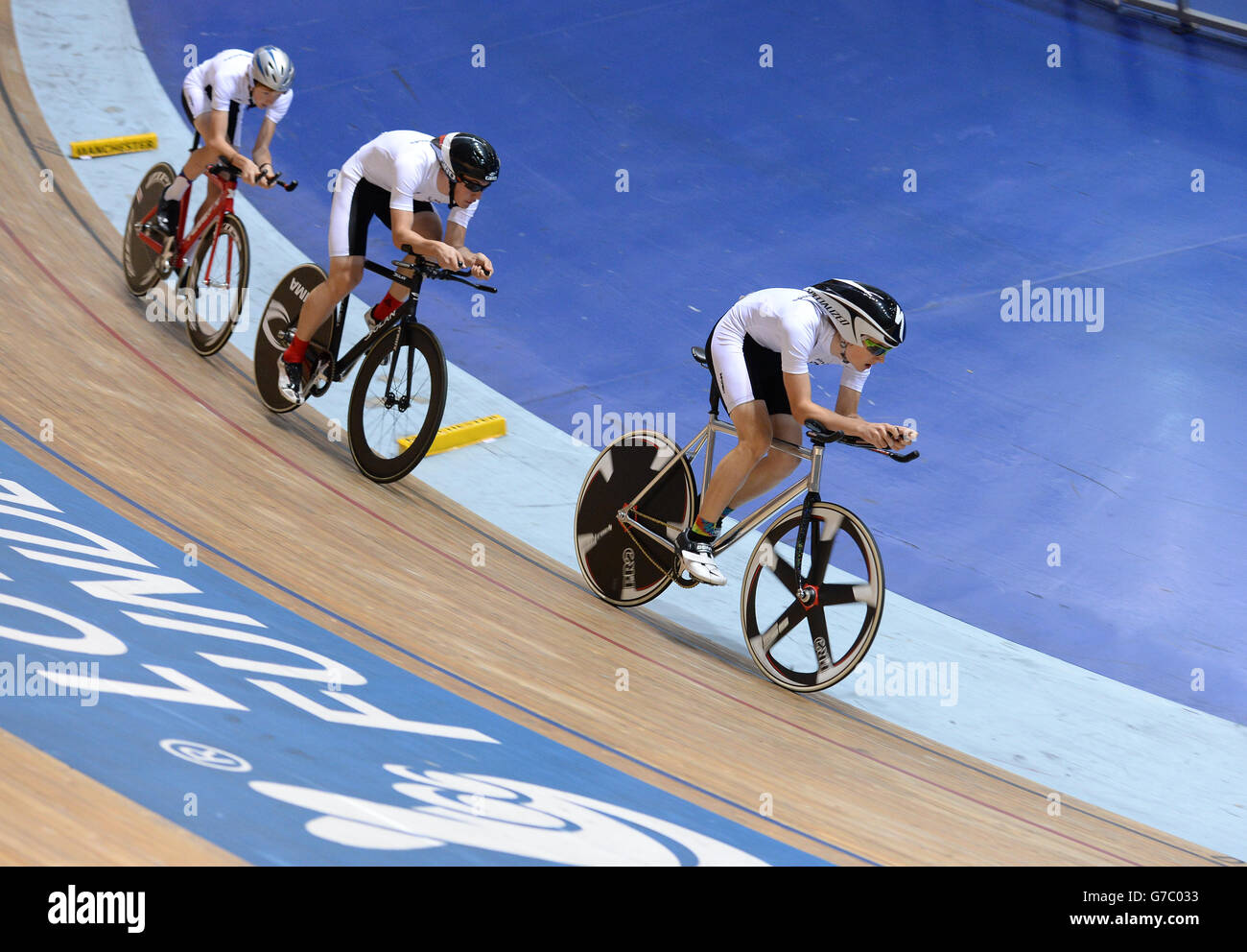 Das East Midlands Team in Aktion bei der Boys 3000m Team Pursuit Veranstaltung während der Sainsbury's 2014 School Games im National Cycling Center, Manchester. DRÜCKEN Sie VERBANDSFOTO. Bilddatum: Sonntag, 7. September 2014. Bildnachweis sollte lauten: Anna Gowthorpe/PA Wire. Stockfoto