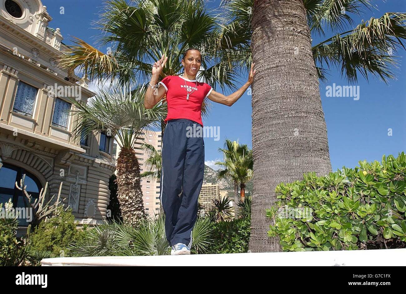 Doppel-Olympiasiegerin Kelly Holmes in Monaco, vor dem IAAF Comeptition in Monaco morgen Samstag 18, wo sie in der 1500m-Event teilnehmen wird. Stockfoto