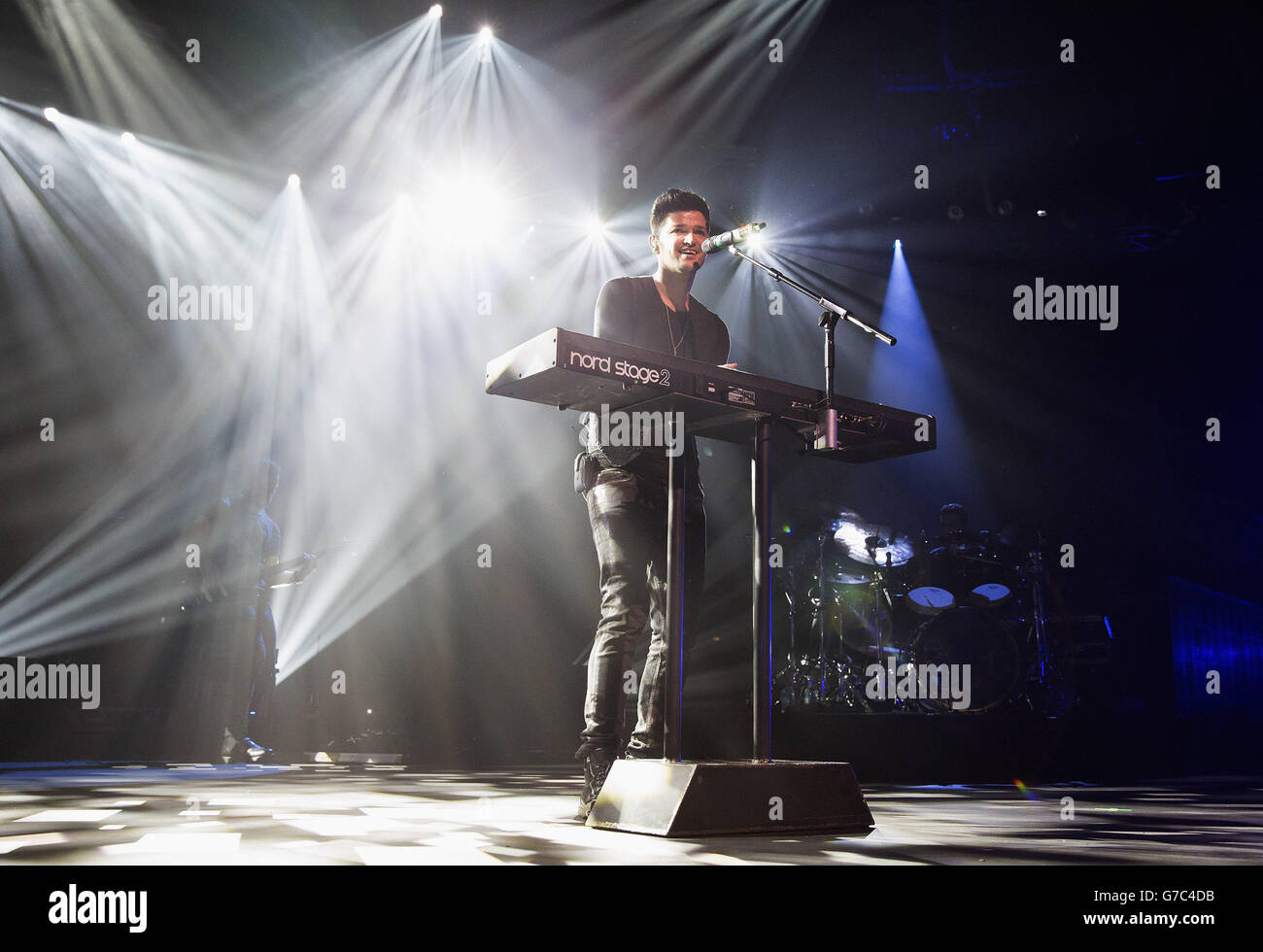 Danny O'Donoghue von The Script tritt auf der Bühne beim iTunes Festival im Roundhouse in London auf. Stockfoto